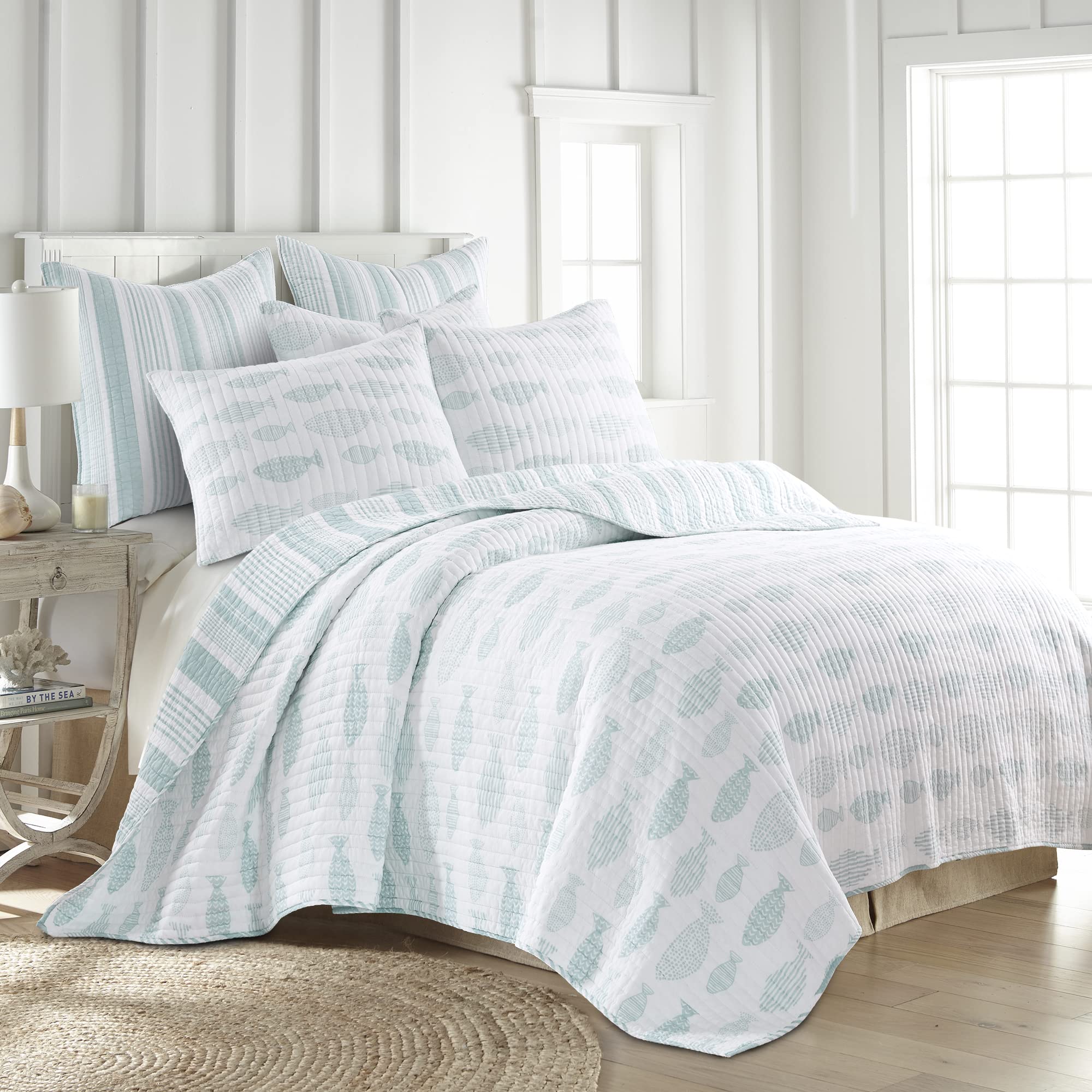 Levtex Home Aqua Breeze King Size Quilt Set - 100% Cotton Blue Animal Print Bedding for Coastal & Boho Bedroom Decor