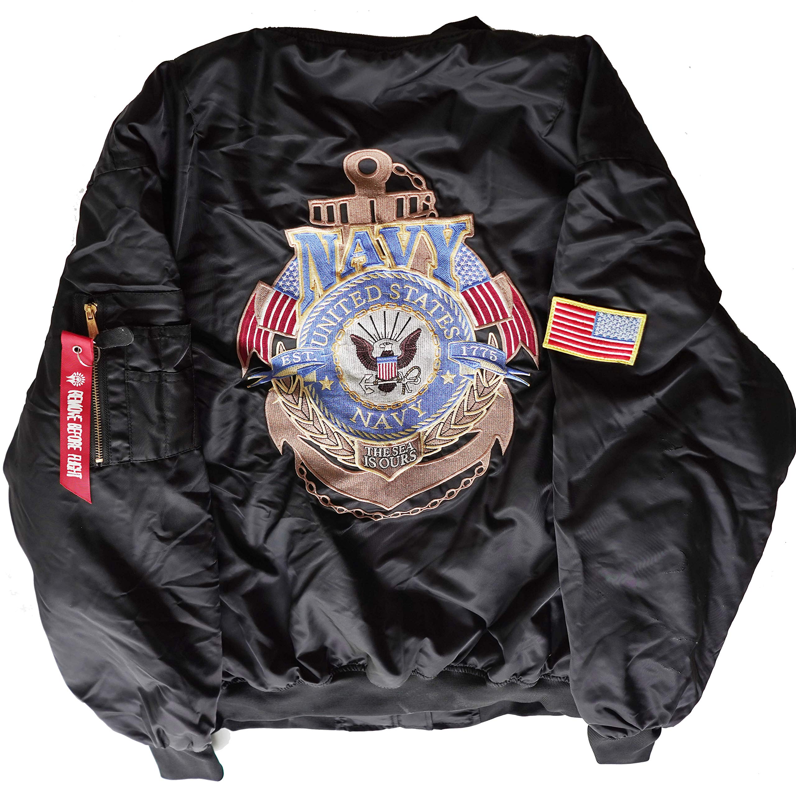 U.S. Navy EST 1775 MA-1 Flight Bomber Jacket - Embroidered 'The Sea is Ours' Military Aviator Coat for Men | Perfect for Veterans Day, Military Events & Casual Winter Wear