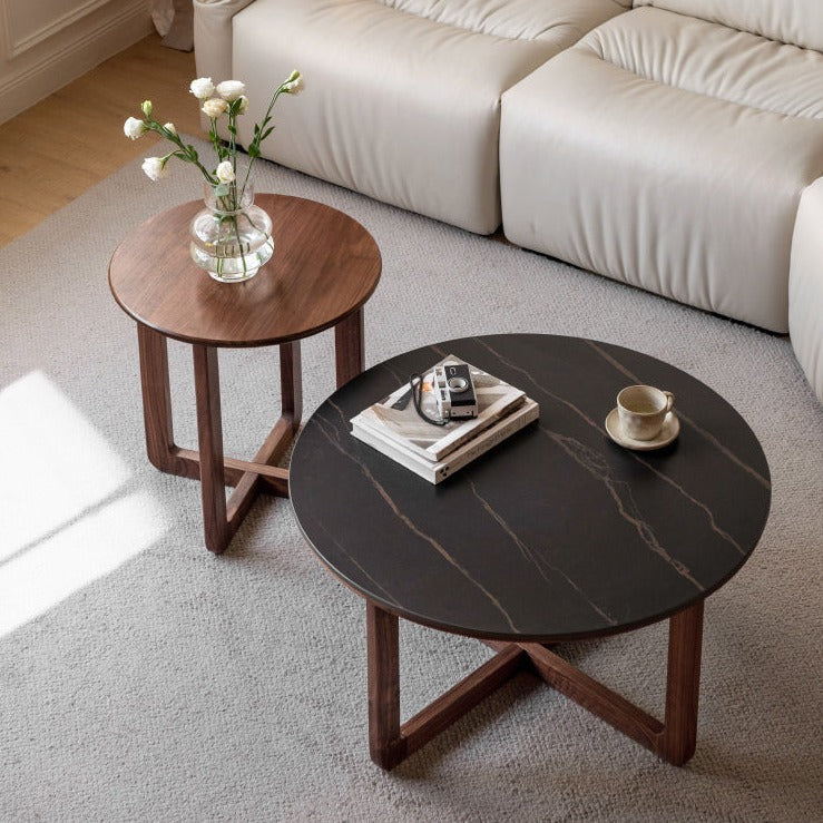 Solid Black Walnut Wood Coffee Table with Rock Surface - Rustic Modern Living Room Furniture for Home Decor