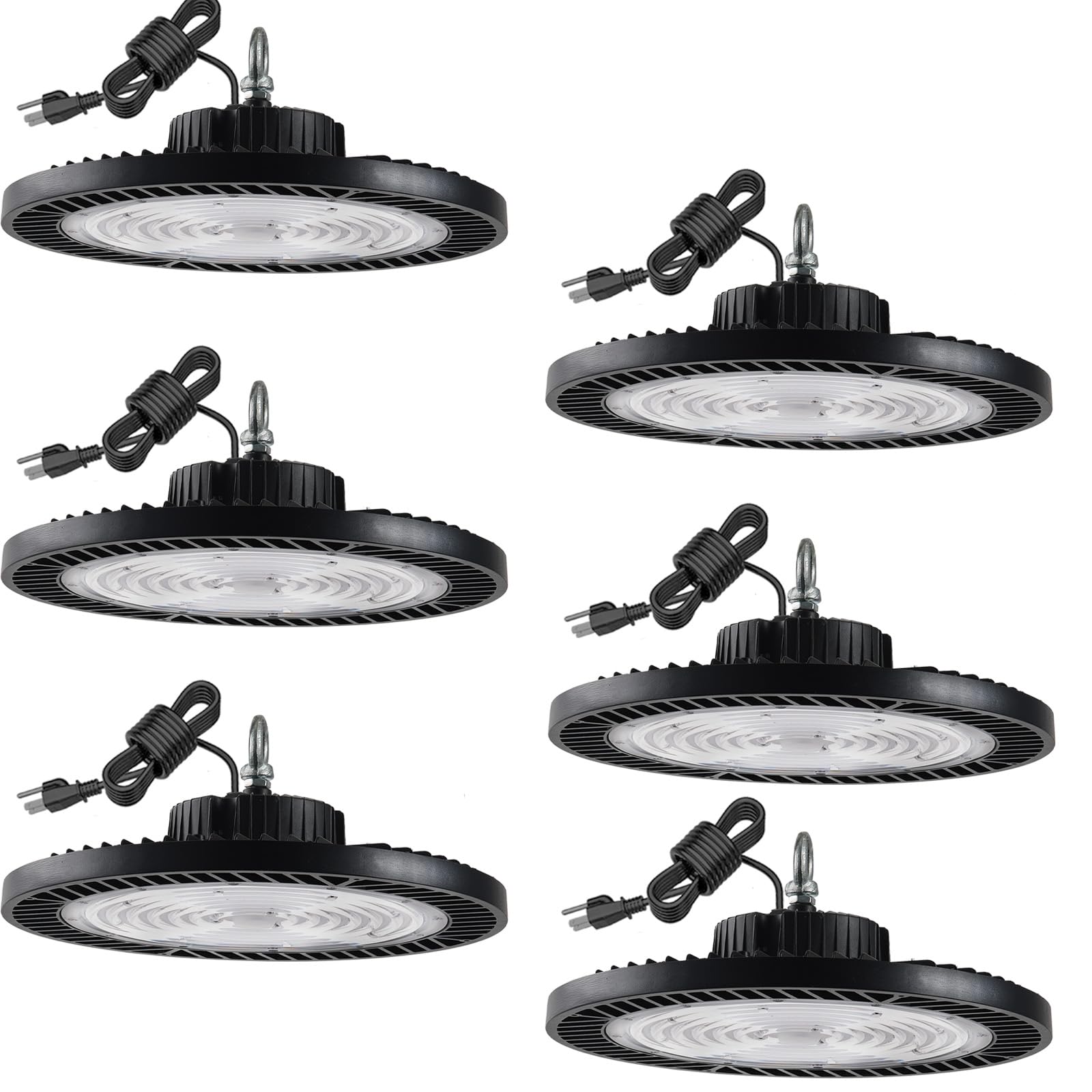 Fiqevs 240W UFO LED High Bay Lights 6 Pack - IP65 Waterproof, 100-277V AC, 33,600LM (Equivalent to 1000W MH/HID) - ETL Listed - 5' Cable with US Plug - Plug & Play LED Shop Lights for Warehouse, Workshop, Factory, Gym & Retail Spaces