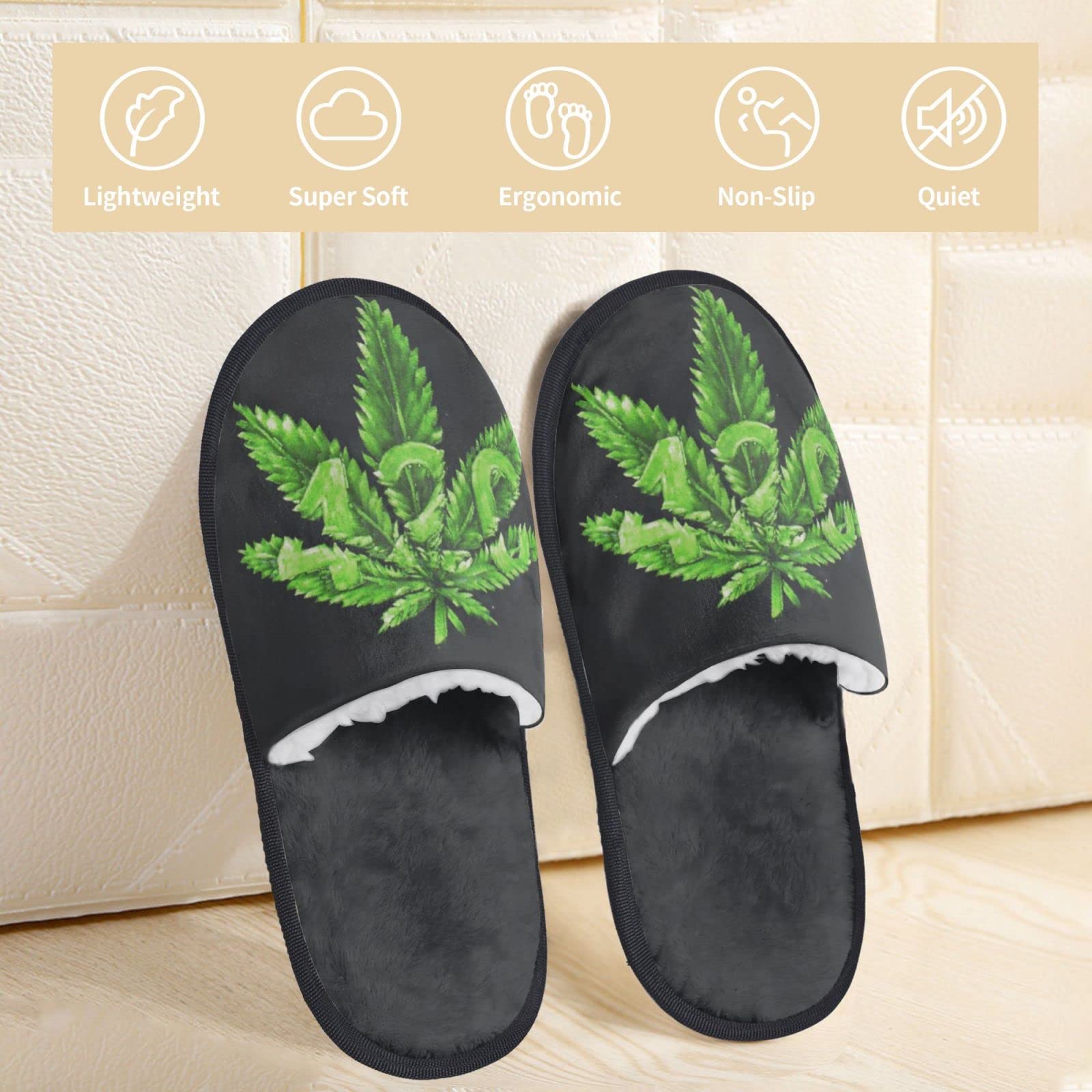 Men's Green Cannabis Leaf Memory Foam Slippers - Anti-Slip Sole House Shoes for Indoor/Outdoor Wear - Perfect for Relaxing at Home, Lounging or Casual Use