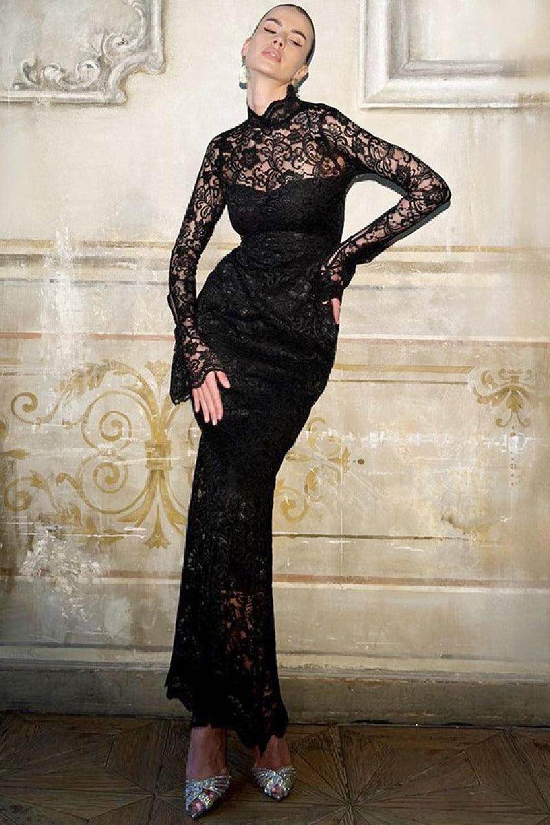 Elegant Lace Patchwork Slim Long Sleeve Cocktail Dress for Women | Formal Evening Gown | Perfect for Parties, Weddings & Special Occasions