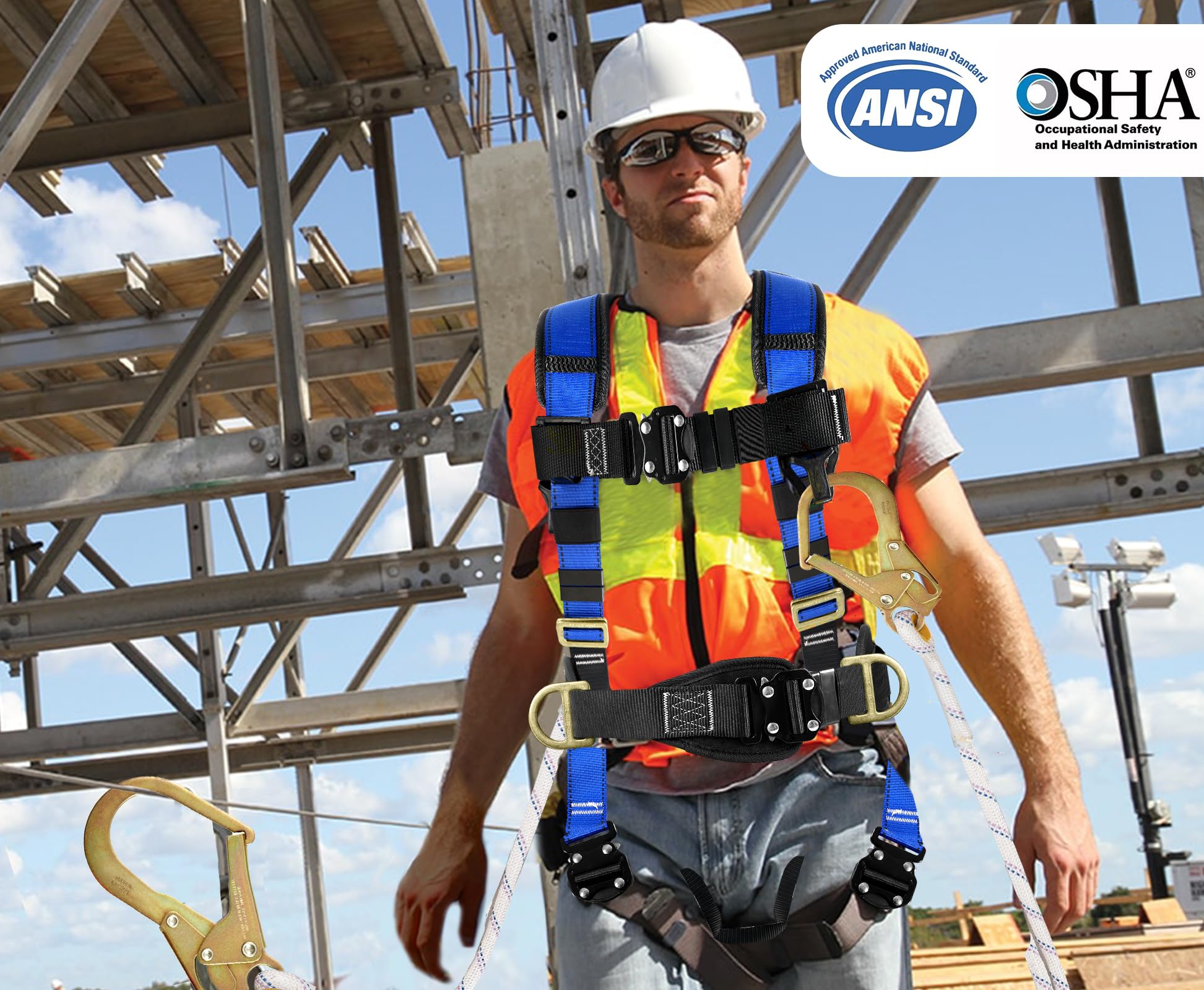 TRSMIMA Full Body Safety Harness with Lanyard - OSHA Compliant Fall Protection for Roofing & Construction Work | Heavy Duty 4 Quick Buckle System | Ideal for Roofers, Construction Workers & Industrial Use