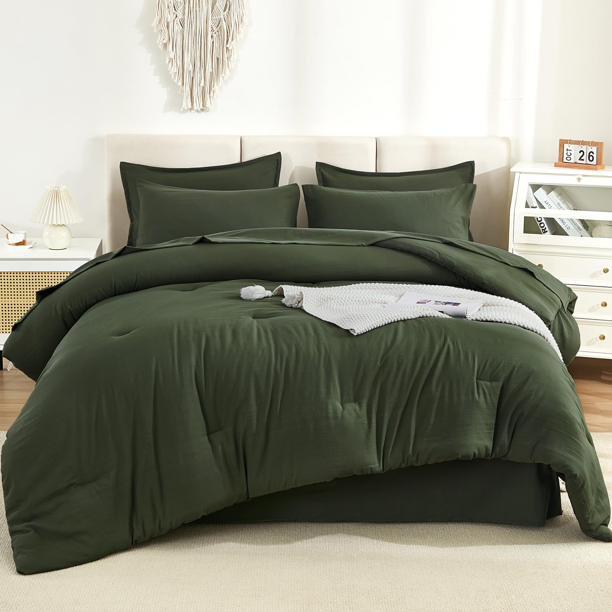 Litanika Dark Olive Green King Size Comforter Set - 7 Piece All-in-One Bedding Bundle with Lightweight Comforter, Sheets & Pillowcases | Perfect for Master Bedroom, Guest Room & Cozy Home Decor