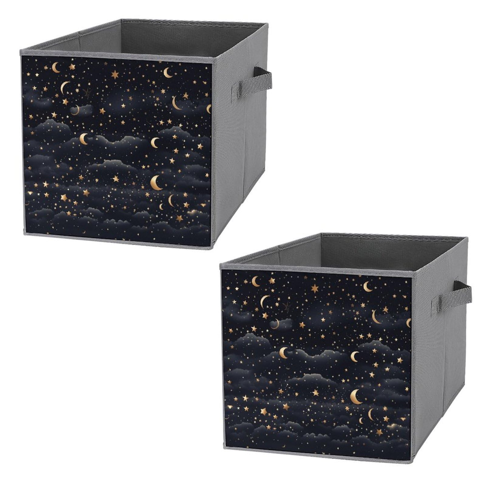 2PCS Collapsible Storage Bins with Dual Handles - Foldable Fabric Storage Baskets Organizer Cubes with Stars & Moon Pattern for Clothes, Toys, Home Organization - Perfect for Bedroom, Closet, Nursery & Office Storage Solutions
