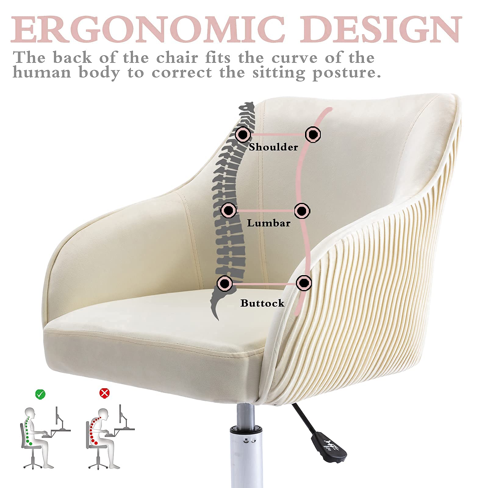 Cute Beige Velvet Desk Chair with Wheels & Arms - Comfy Swivel Rolling Task Chair for Teen Girls, Kids, Home Office, Makeup Room, Bedroom & Living Room | Perfect for Studying, Working & Vanity Areas