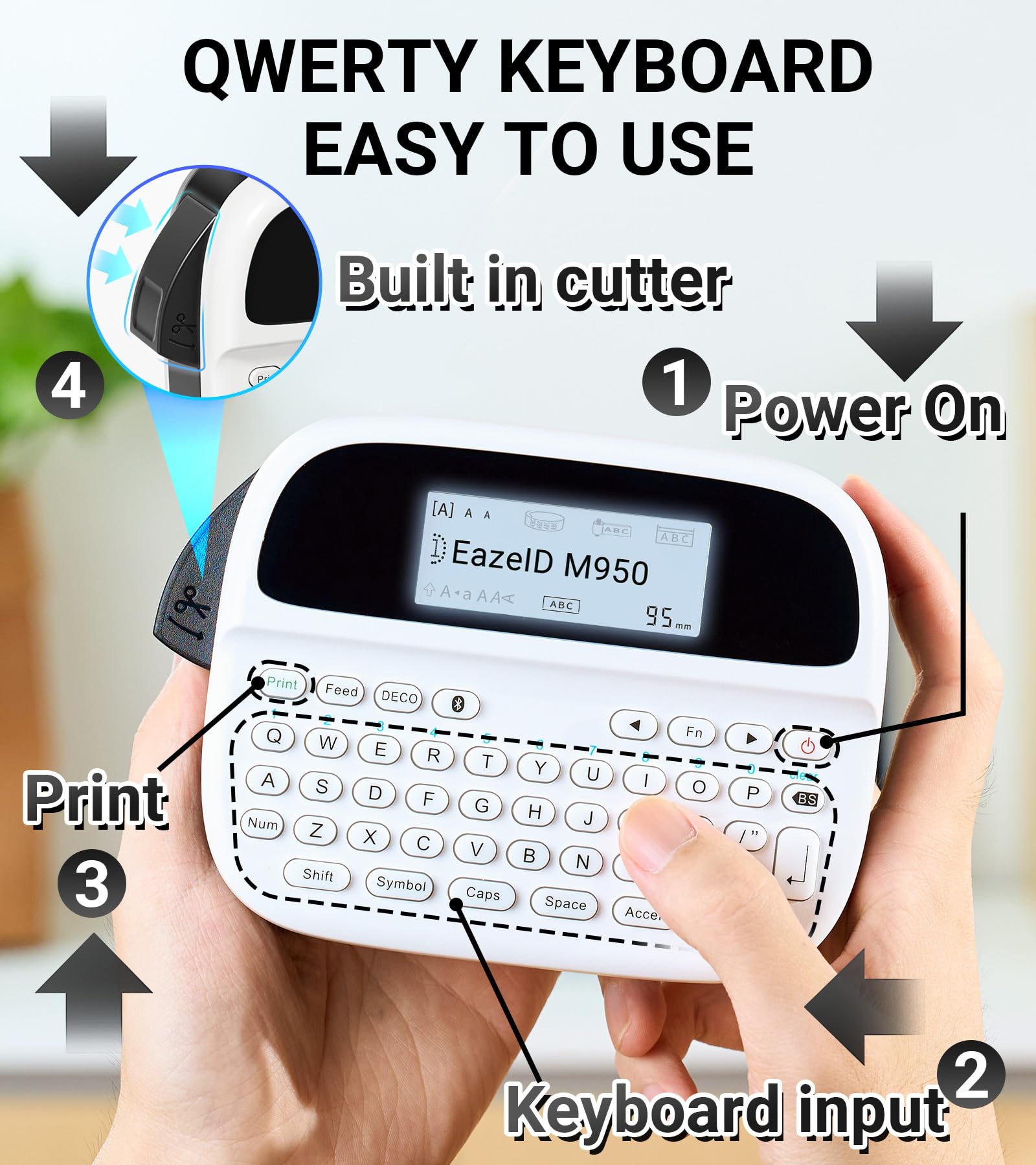 Rechargeable Label Maker Machine with Keyboard - M950 Handheld Label Printer | 12mm MZ-Tape, Backlit LCD Screen, Multiple Fonts & Icons | Perfect for Home, Office, Classroom Organization & Storage Labeling