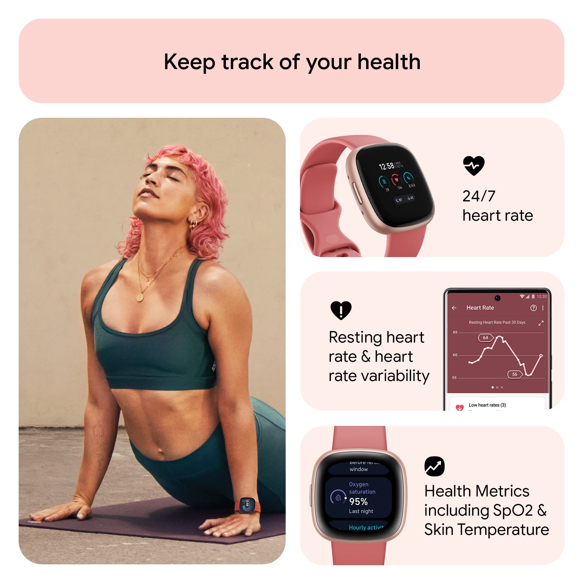 Fitbit Versa 4 Smart Watch - Pink Sand/Copper Rose | Fitness Tracker with GPS, Heart Rate Monitor, 40+ Exercise Modes, Sleep Tracking | Perfect for Running, Swimming & Daily Activity Tracking (Includes S & L Bands)