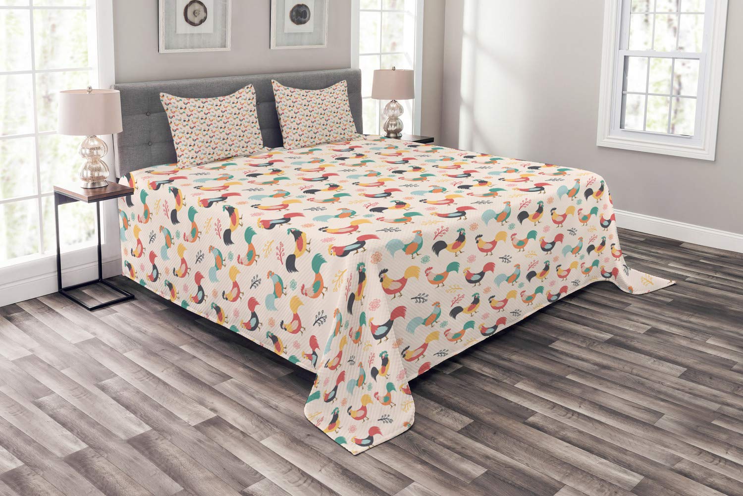 Lunarable King Size Chicken Bedspread Set - Farmland Animal Cartoon Rooster Floral Print Quilted 3-Piece Coverlet with 2 Pillow Shams, Multicolor | Farmhouse Decor, Country Bedroom, Cozy Home