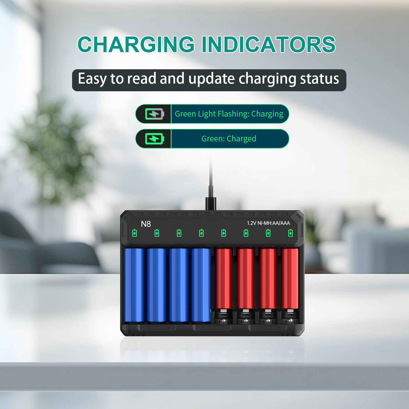 8 Bay Smart Battery Charger for Ni-MH Ni-CD Rechargeable AA AAA Batteries - Fast Charging with 5V 2A & LED Indicator - Independent Control for Home, Office, and Travel Use