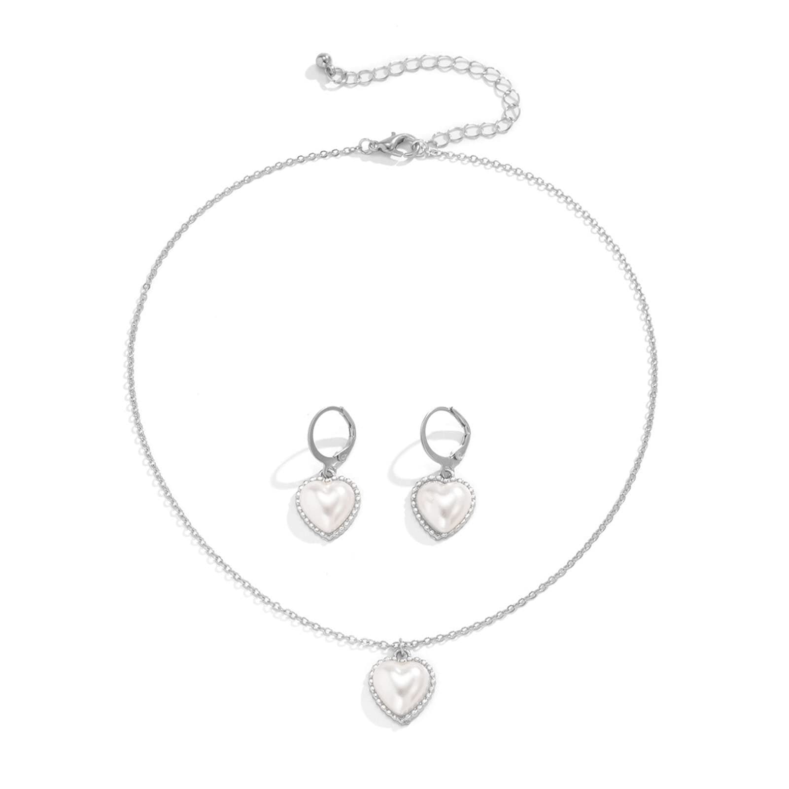 2Pcs Fashion Necklaces for Women & 3Pcs Earrings Set - Elegant Heart-Shaped Imitation Pearl Jewelry Set with Contrast Colors | Perfect for Prom, Party, Wedding and Daily Wear