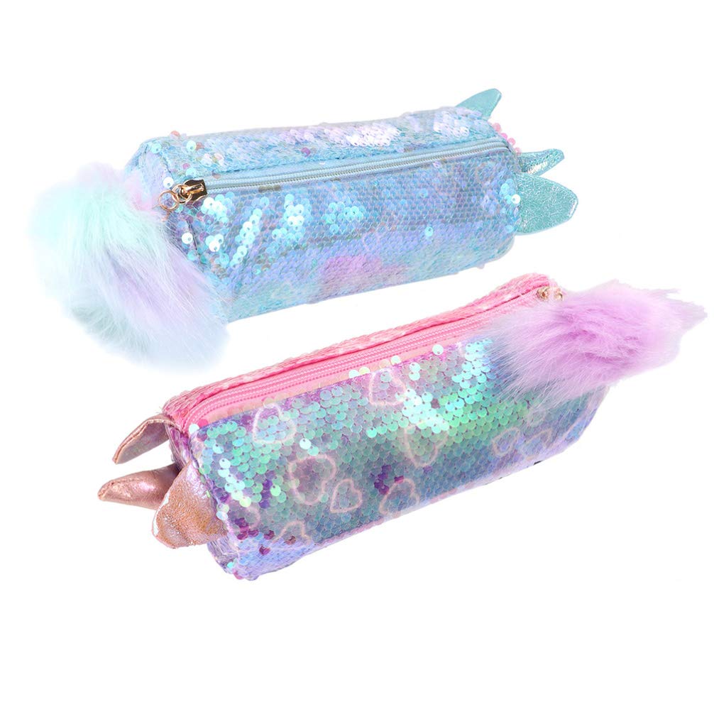 NUOBESTY 2 Pack Unicorn Pencil Case with Sequin Punch Design - Large Capacity Cartoon Animal Pen Holder & Zipper Stationery Organizer for School, Office, Travel - Perfect for Middle & High School Students, Back to School Supplies