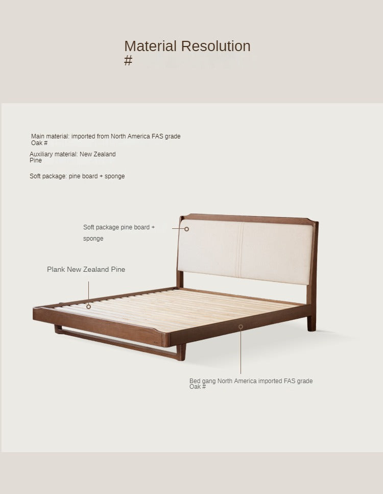 Solid Oak Wood Leather Upholstered Soft Bed - Queen Size Bed Frame with Tufted Headboard for Bedroom, Guest Room & Master Suite