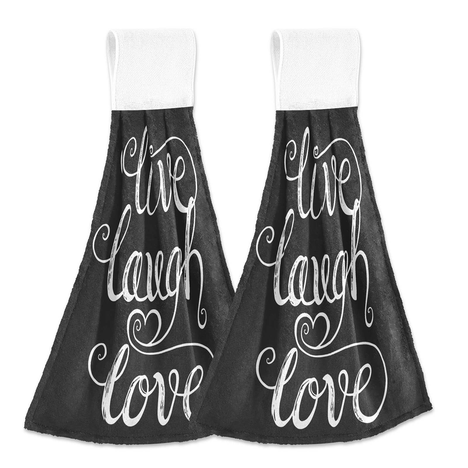 Black Heart Kitchen Hand Towels - 2 Pack Absorbent Hanging Towels with Loops for Bathroom & Kitchen Decor | Live Laugh Love Design | Perfect for Farmhouse, RV, and Home Use