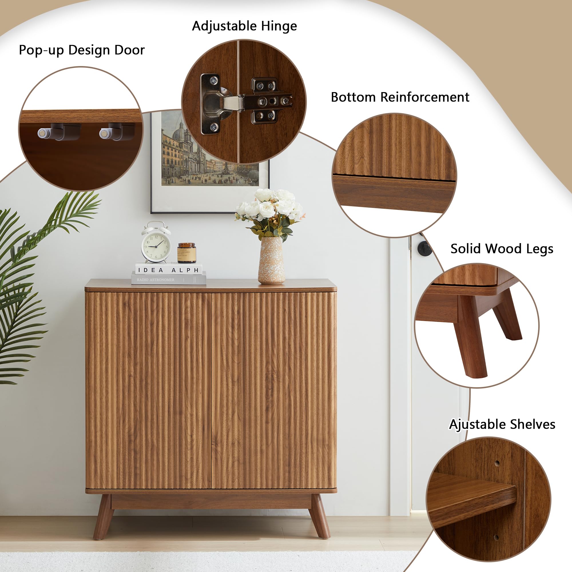 Mid Century Walnut Sideboard Cabinet - Farmhouse Fluted Credenza with 2 Doors for Kitchen, Dining Room, Office & Living Room Storage | Perfect for TV Stand, Coffee Buffet & Entryway Organizer