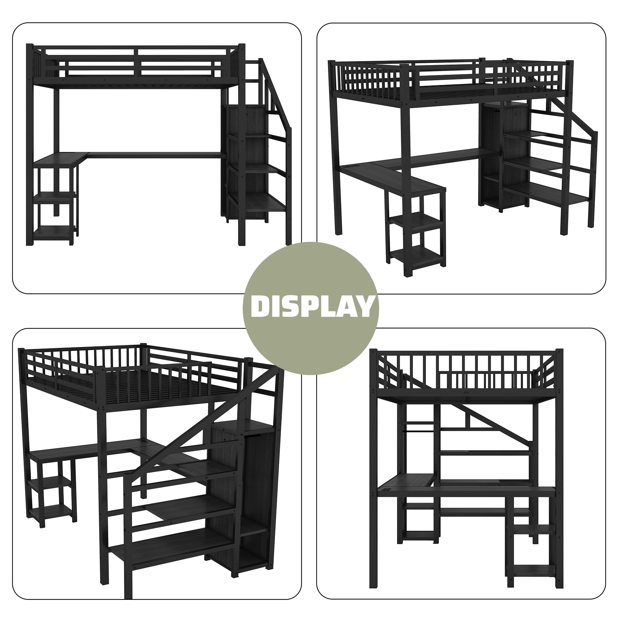 Full Size Metal Loft Bed with Stairs, Desk & RGB LED Lights - Heavy Duty Steel Gaming Loft Bed Frame with Storage Wardrobe, Shelves & Charging Station for Adults, Teens & Kids - Perfect for Small Spaces, Dorm Rooms & Gaming Setups (Black)