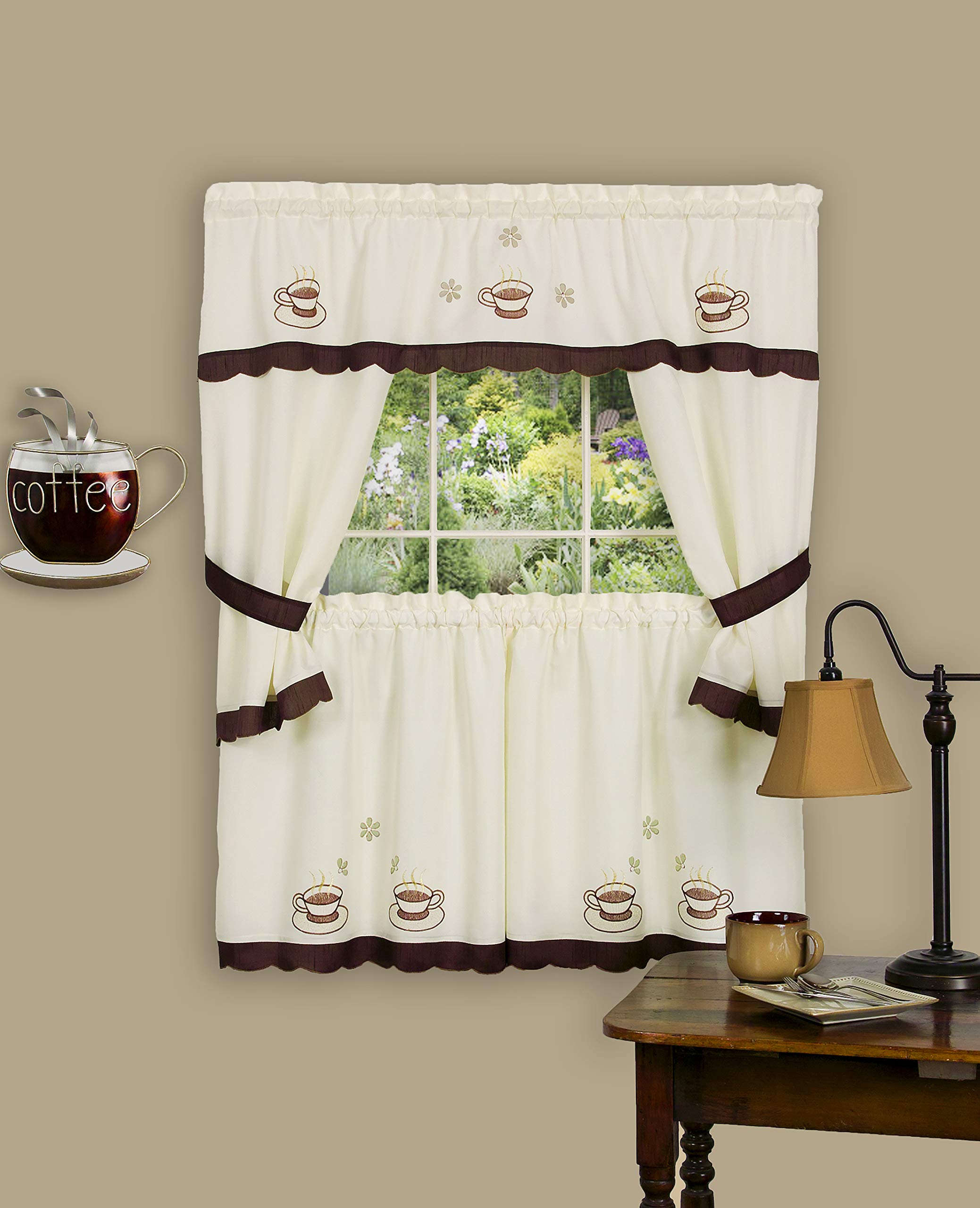 5-Piece Embellished Cottage Kitchen Curtain Set with Tier Panels, Swag Valance & Tiebacks - Country Style Cafe Curtains for Kitchen & Living Room - 59