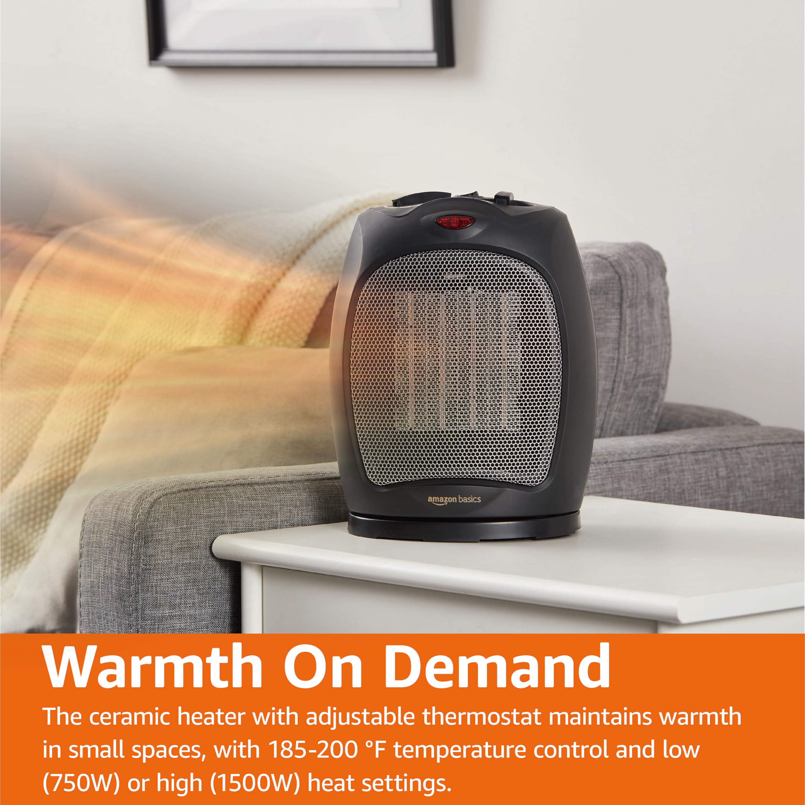 Amazon Basics Oscillating Ceramic Space Heater - 1500W Portable Indoor Heater with Thermostat, Overheat & Tip-Over Protection for Home, Office, Bedroom - Compact 7.52