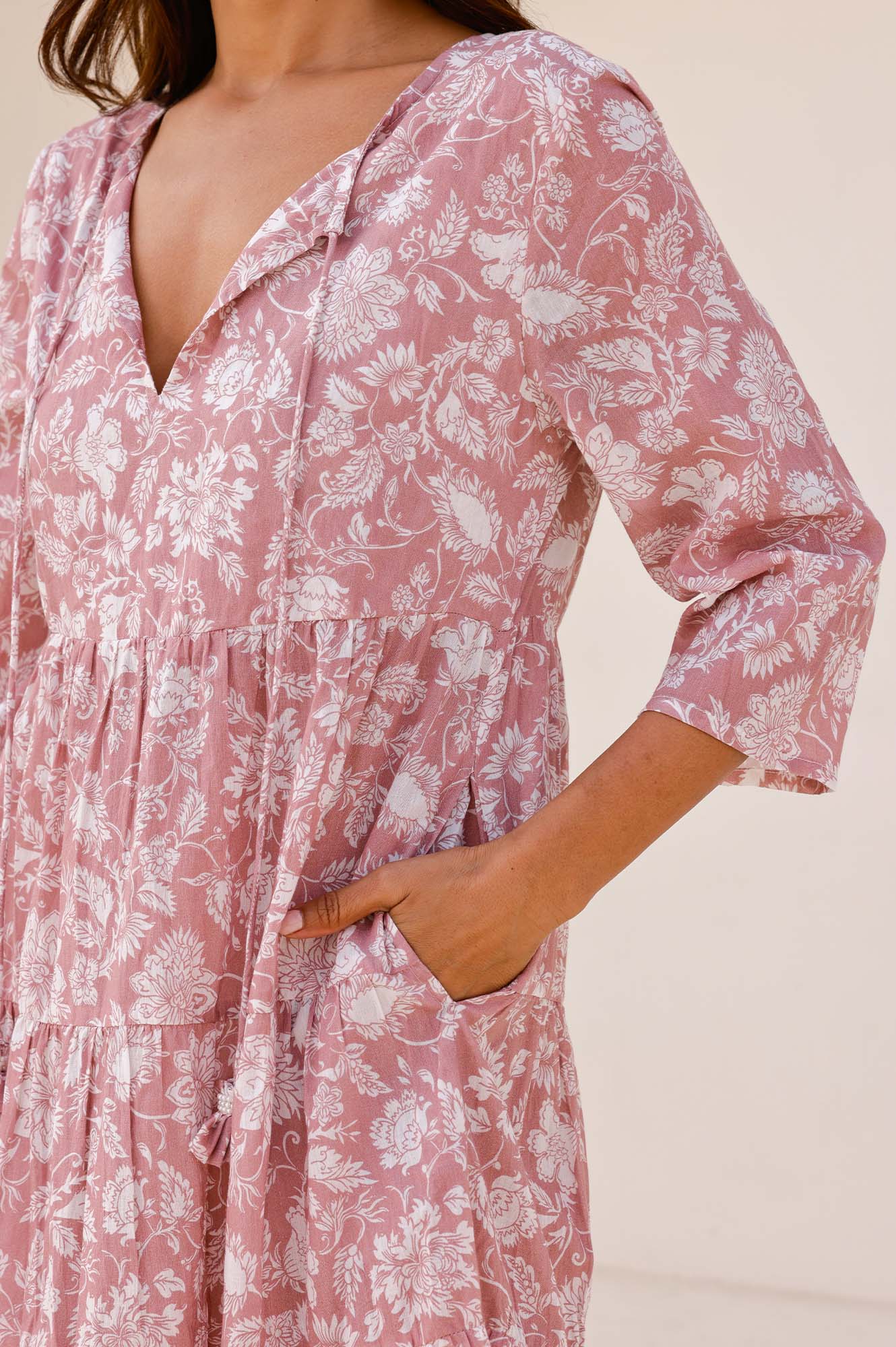 Emma Organic Cotton Dress - Blossom Dusty Pink & White | Flowy Summer Dress for Women | Perfect for Beach, Brunch & Casual Outings