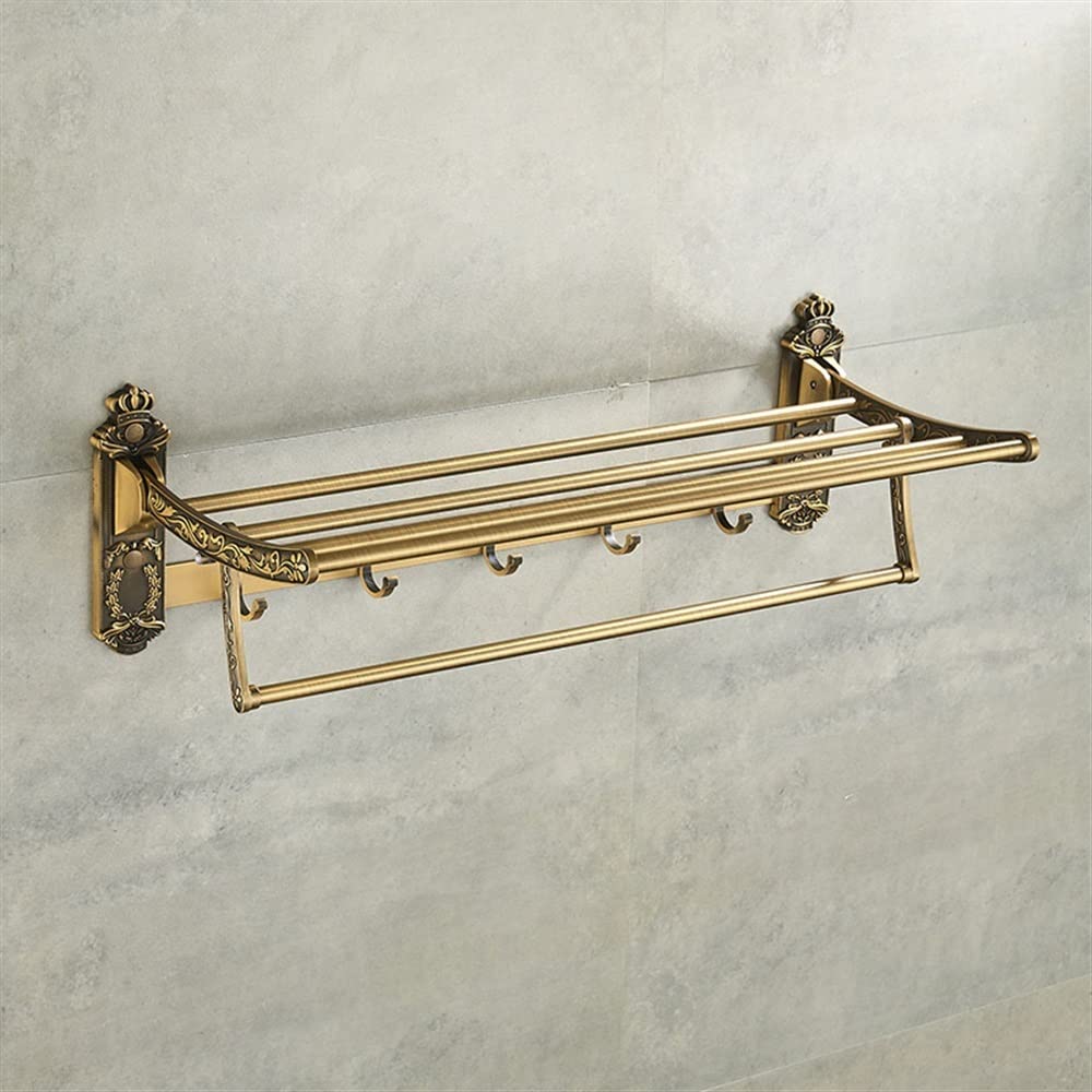 Vintage Foldable Brass Bath Towel Rack - No Nails Needed, Double Shelf with Hooks for Bathroom Organization | Perfect for Small Spaces, Apartments & Guest Bathrooms (Antique Brass)