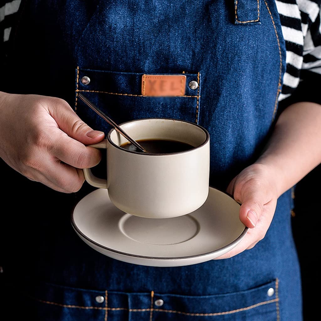 Premium Ceramic Coffee Mug and Saucer Set - 230ml (7.8 Oz) Tea Cup with Spoon - Durable Dishwasher Safe Cups for Home, Office or Gift - Classic One Color Design for Coffee, Tea & Hot Beverages
