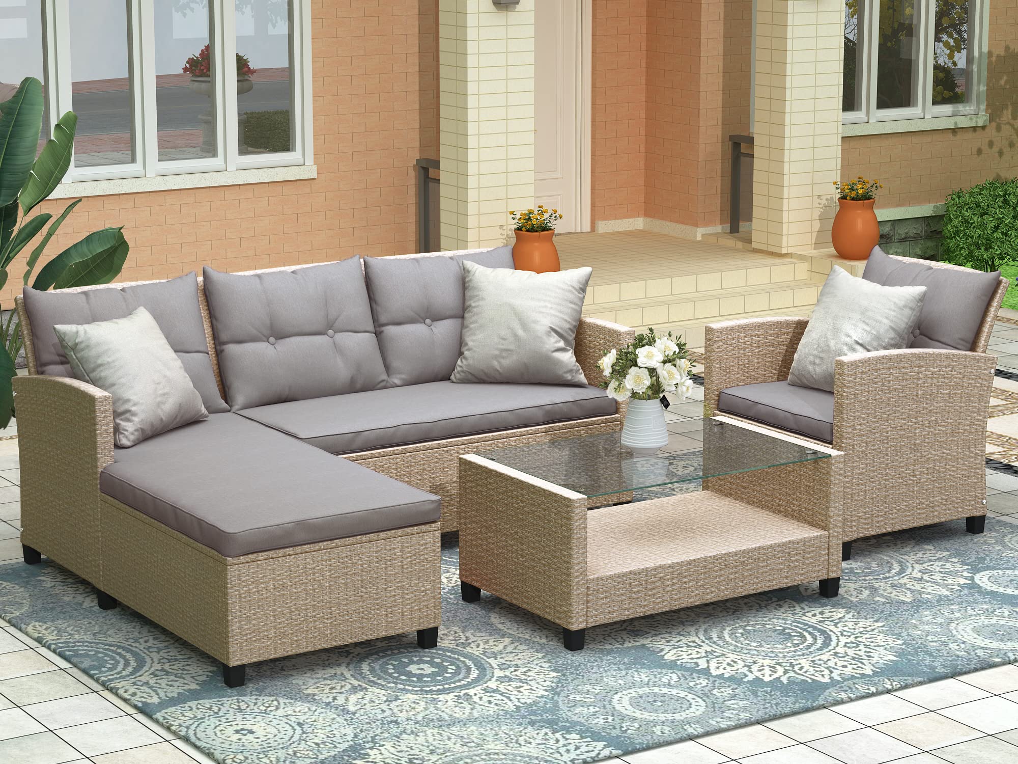 4-Piece Outdoor Patio Furniture Set - Wicker Rattan Sectional Sofa with Cushions for Garden, Poolside & Backyard Relaxation