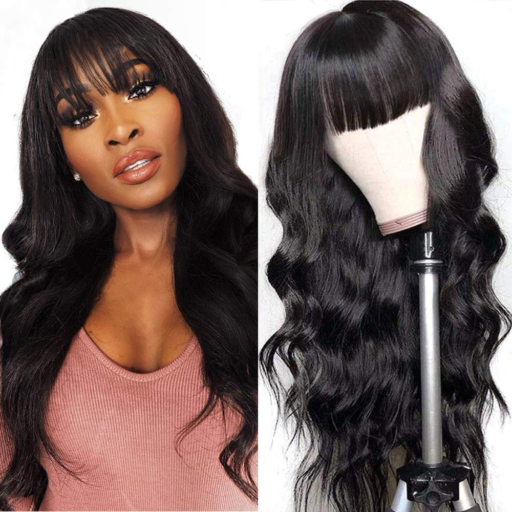 Brazilian Body Wave Human Hair Wigs with Bangs for Black Women - 8A Grade Glueless Machine Made Lace Front Wig (150% Density, 14 Inch, Natural Color) | Perfect for Daily Wear, Cosplay & Special Occasions
