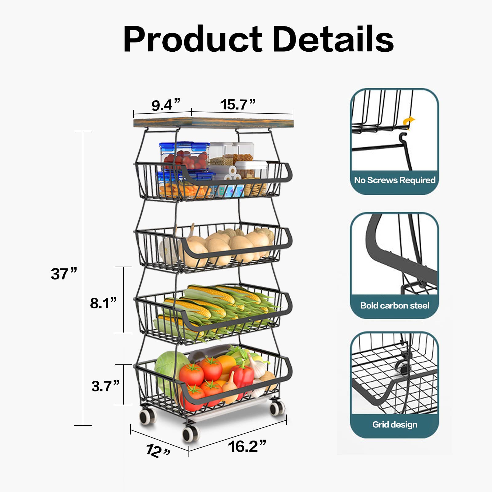 5-Tier Stackable Metal Wire Storage Basket Organizer for Kitchen - Wood Top Vegetable & Fruit Basket Stand for Onions, Potatoes, and Produce - Perfect for Pantry Organization and Countertop Storage