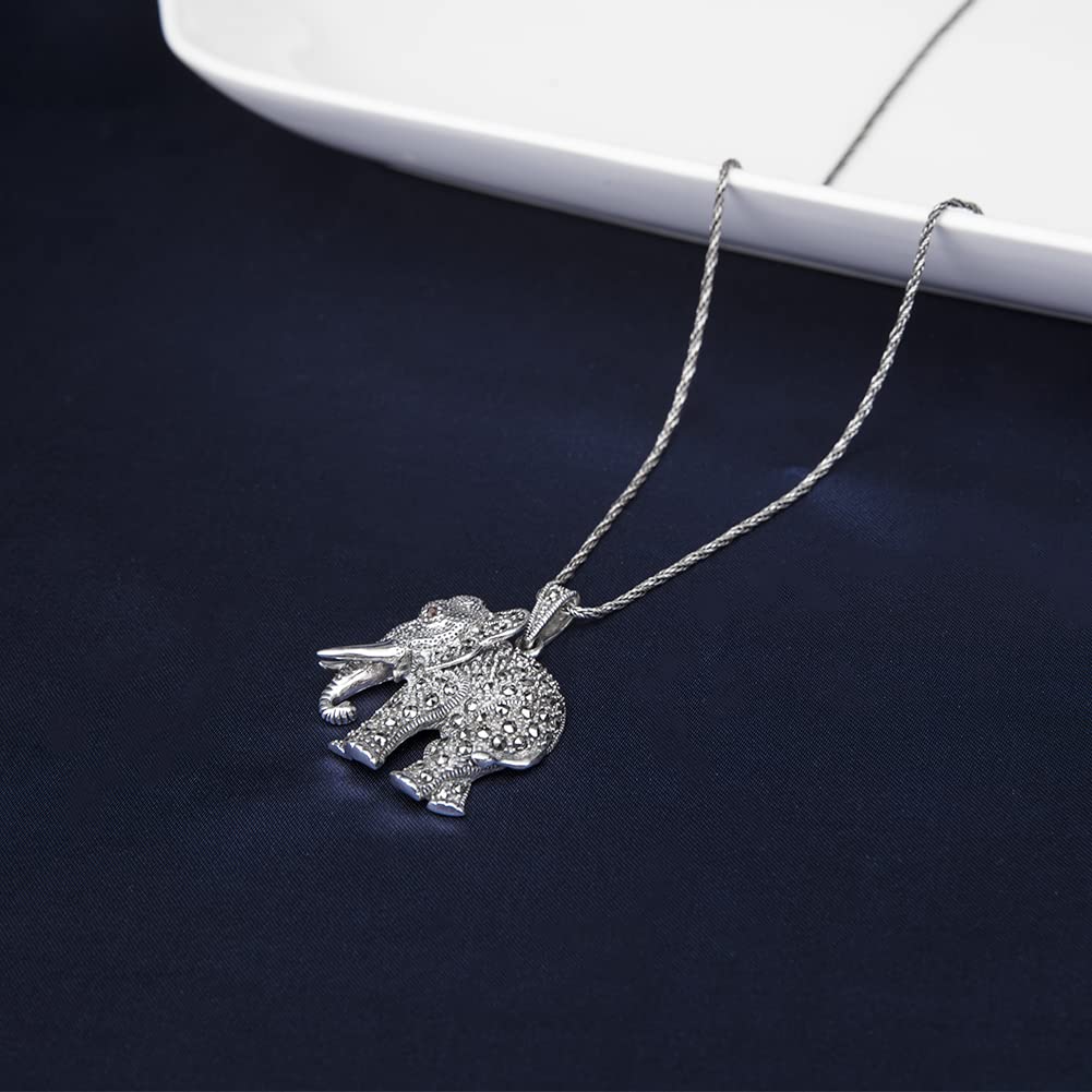 925 Sterling Silver Elephant Necklace for Women - Cute Marcasite Elephant Charm Pendant Jewelry - Perfect Gift for Birthday, Anniversary & Everyday Wear
