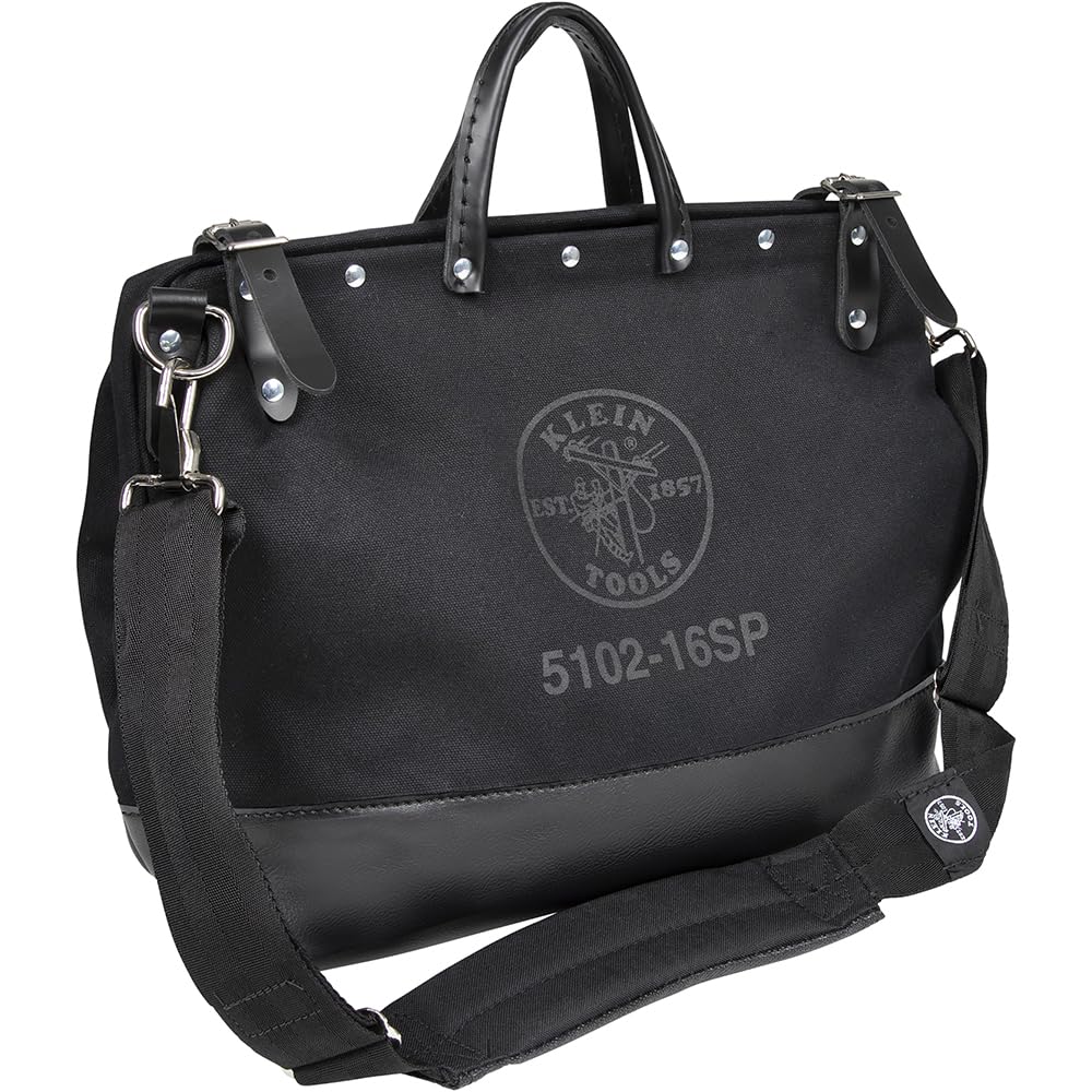**Klein Tools 510216SPBLK 16-Inch Large Canvas Tool Bag with 13 Pockets & Shoulder Strap - Durable Black Tool Organizer for Electricians, Contractors & DIY Projects**