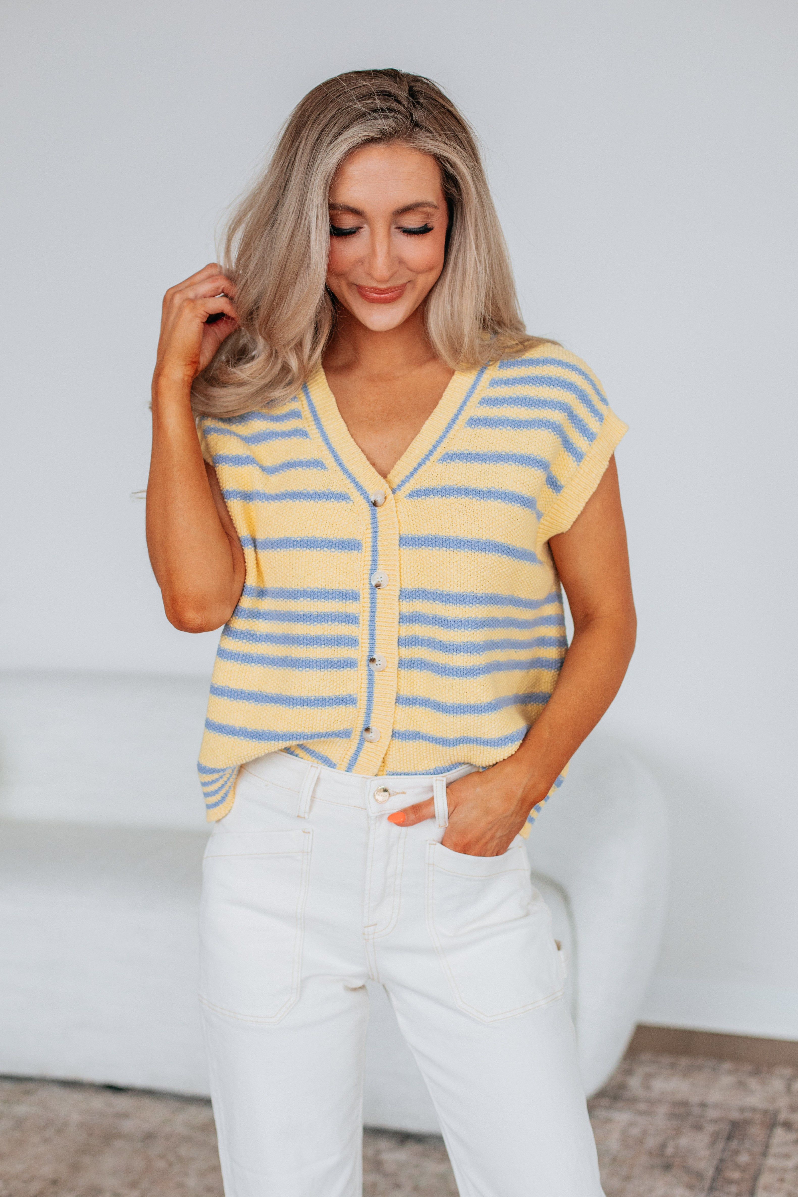 Charleston Sweater Top - Lemon Mix Color Women's Knit Pullover for Casual Wear & Fall Fashion