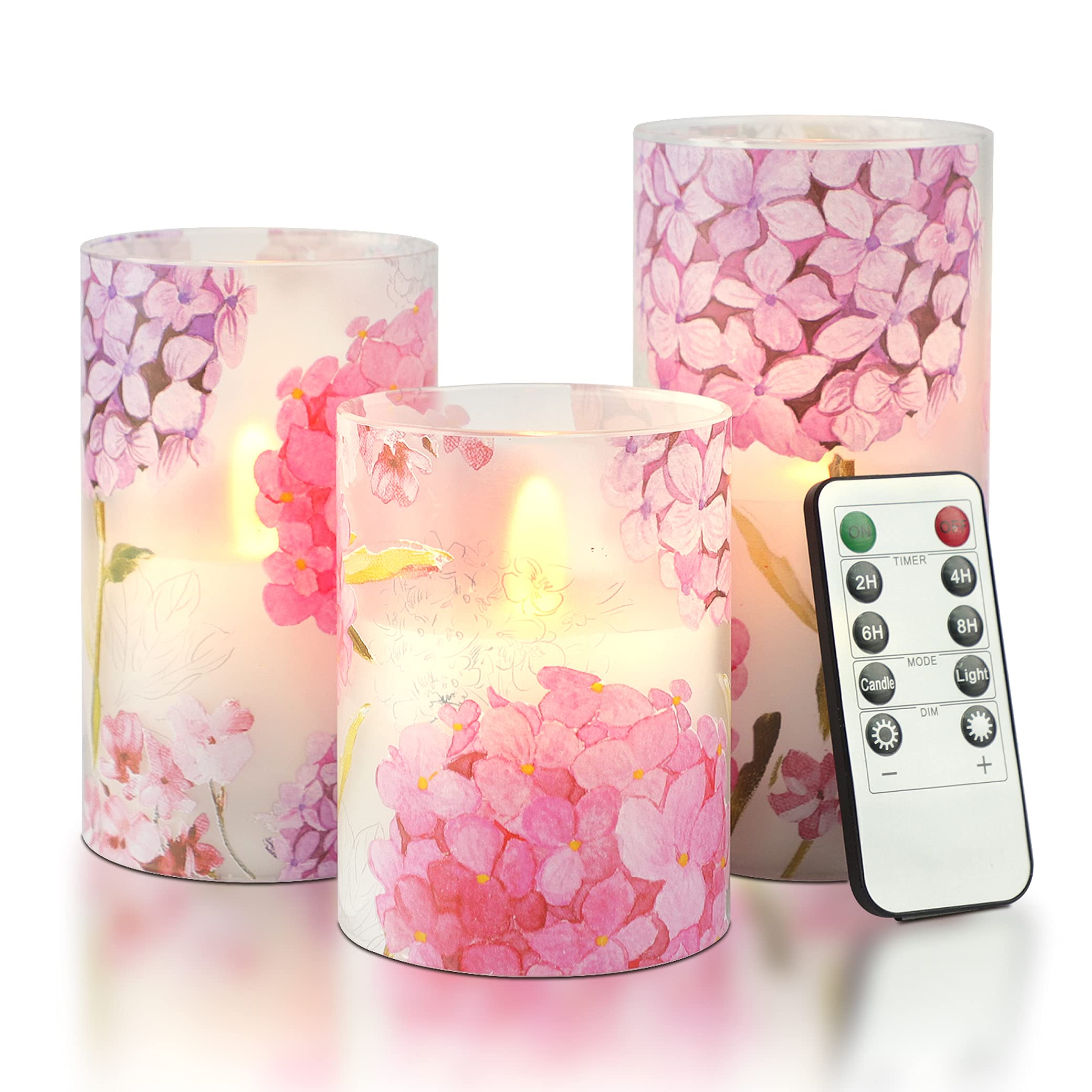 CRYSTAL CLUB Flameless LED Candles Set of 3 - Battery Operated Pillar Candles with Remote & Timer, Real Wax Glass Candles with Pink Hydrangea Design - Perfect for Home Decor, Bedroom Ambiance, Wedding Centerpieces & Romantic Dinners