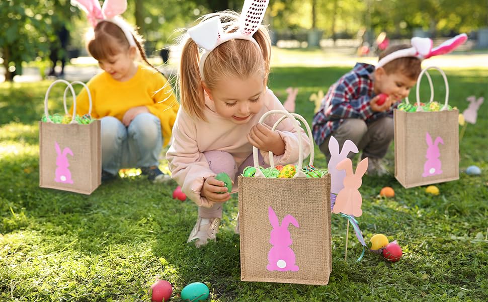 ATFUNSHOP Easter Tote Bag for Kids - Reusable Blue Bunny Basket for Egg Hunting - Durable Linen Easter Basket for Boys & Girls - Perfect for Easter Egg Hunts, Party Favors, and Spring Celebrations