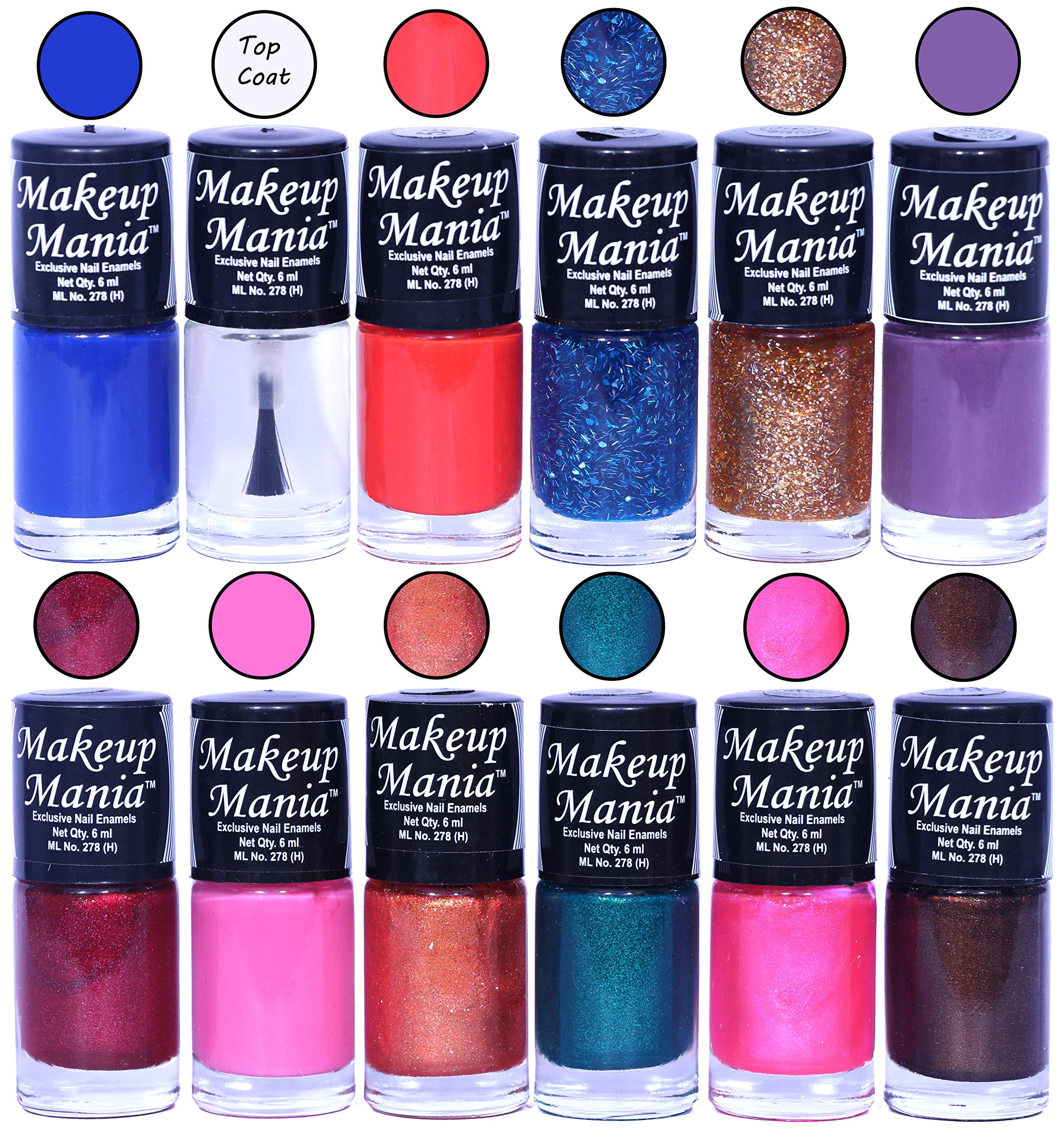 12 Pcs Makeup Mania Nail Polish Set - 6ml Each, Multicolor Combo No.100 - Perfect for Home Manicure, Parties & Gift Giving