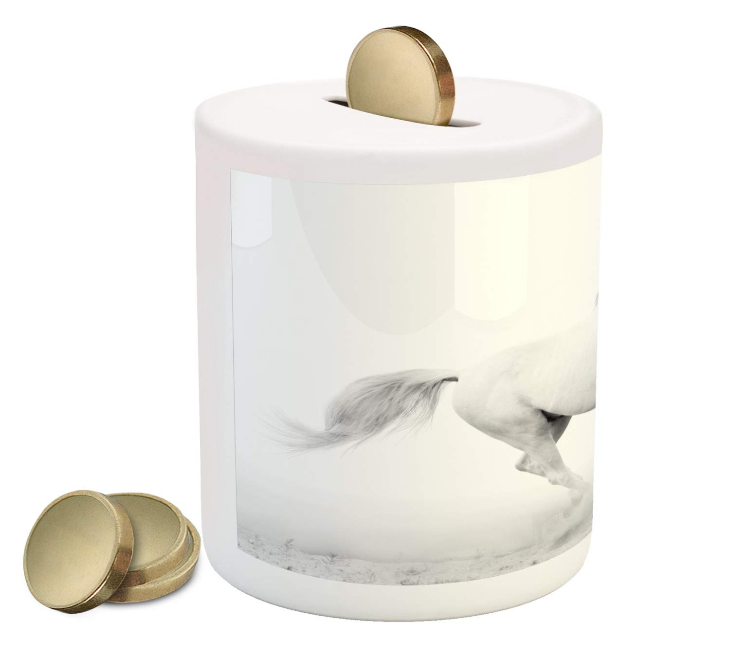 Ambesonne Black and White Ceramic Piggy Bank with Galloping Horse Design - Money Saving Coin Bank for Cash & Coins | Perfect Gift for Equestrian Lovers, Home Decor & Kids Savings