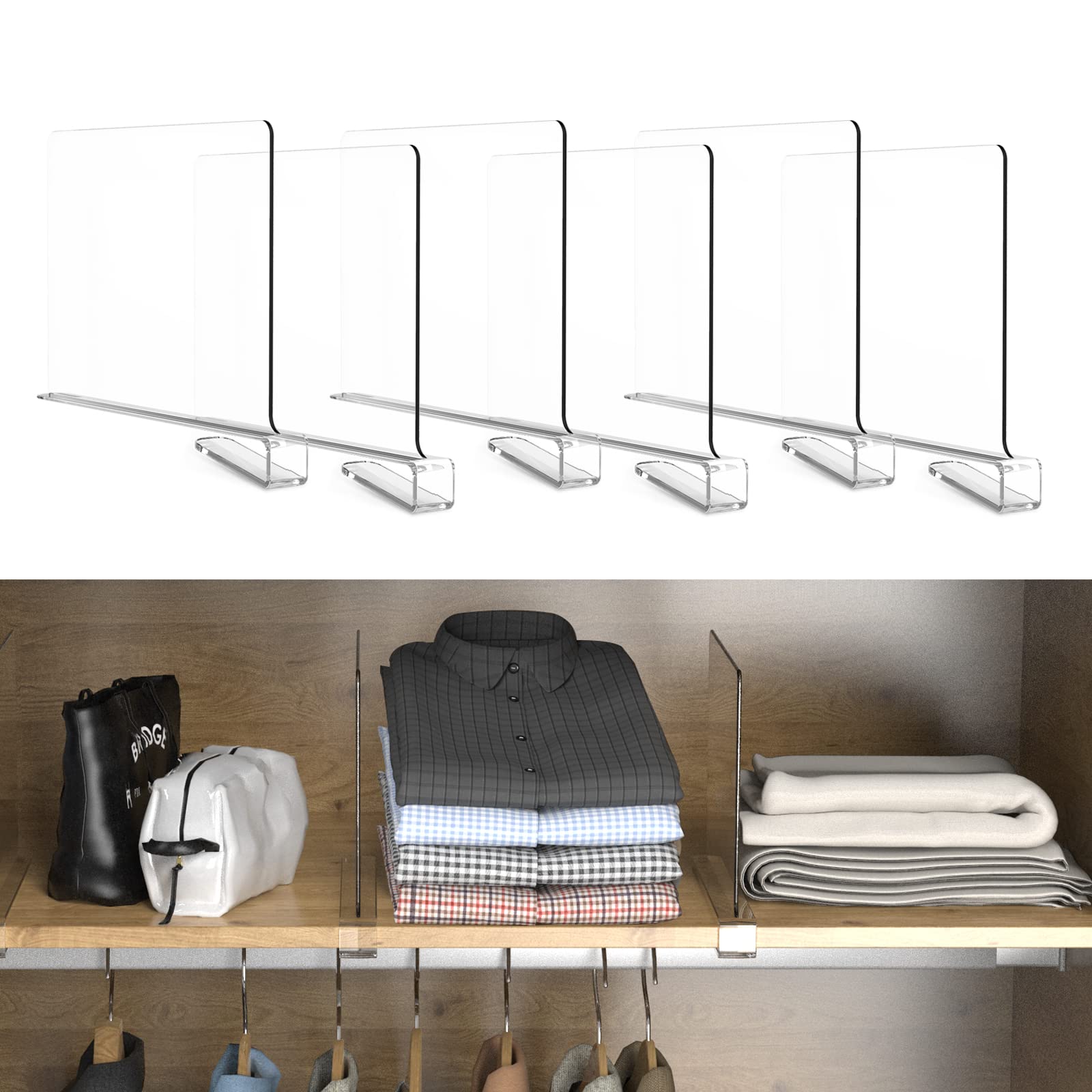 BoxLegend 6-Pack Acrylic Shelf Dividers for Closet Organization - Clear Plastic Shelf Organizers for Wardrobes, Pantries & Bookshelves - Perfect for Home Storage & Closet Decluttering