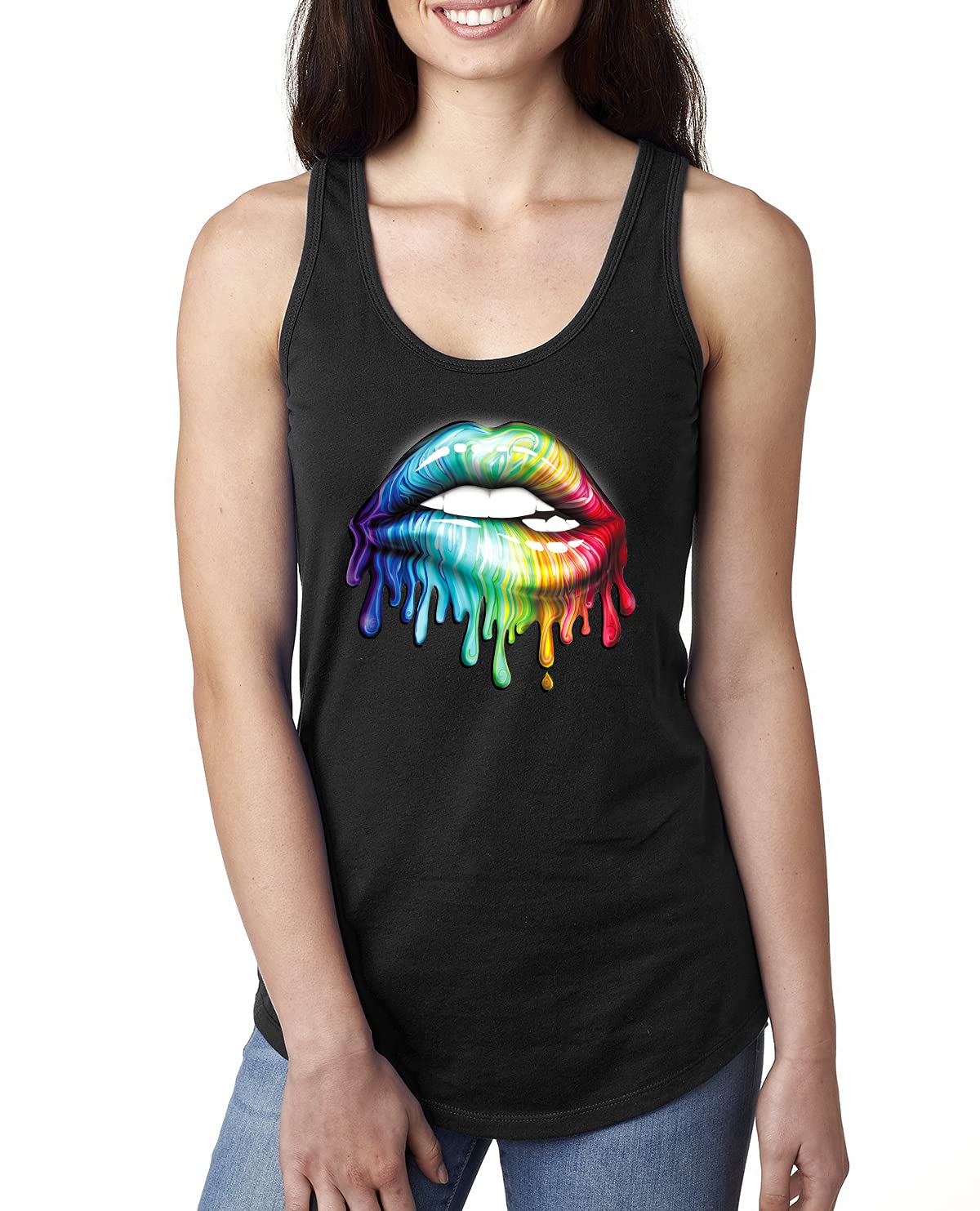 Vibrant Neon Rainbow Lip Print Racerback Tank Top for Women - Trendy Pop Culture Fashion for Casual Wear & Summer Outfits