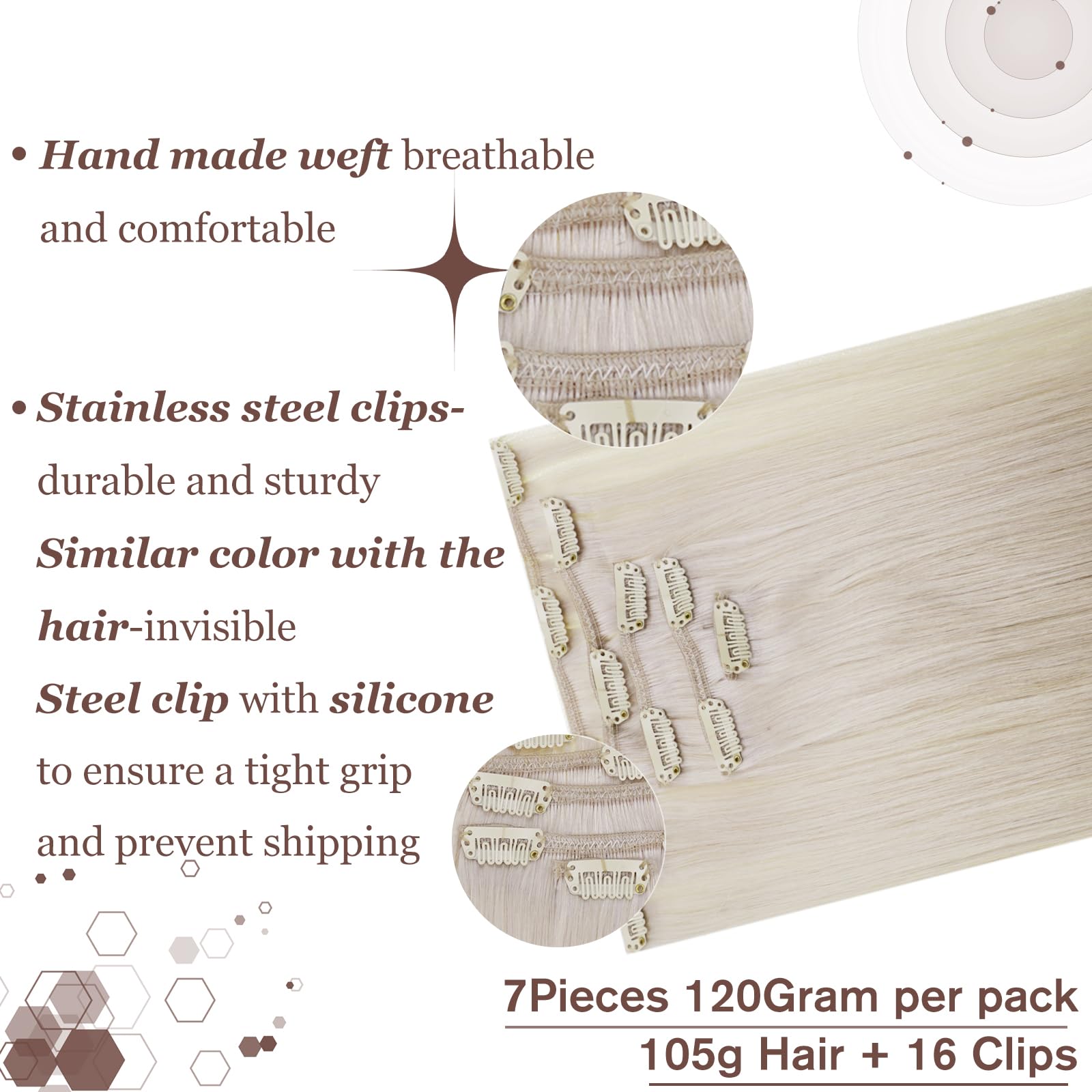 Hetto 18 Inch Platinum Blonde Human Hair Clip-In Extensions - 7pcs Double Weft #60 Real Human Hair (120g) for Volume & Length - Perfect for Parties, Weddings & Daily Styling