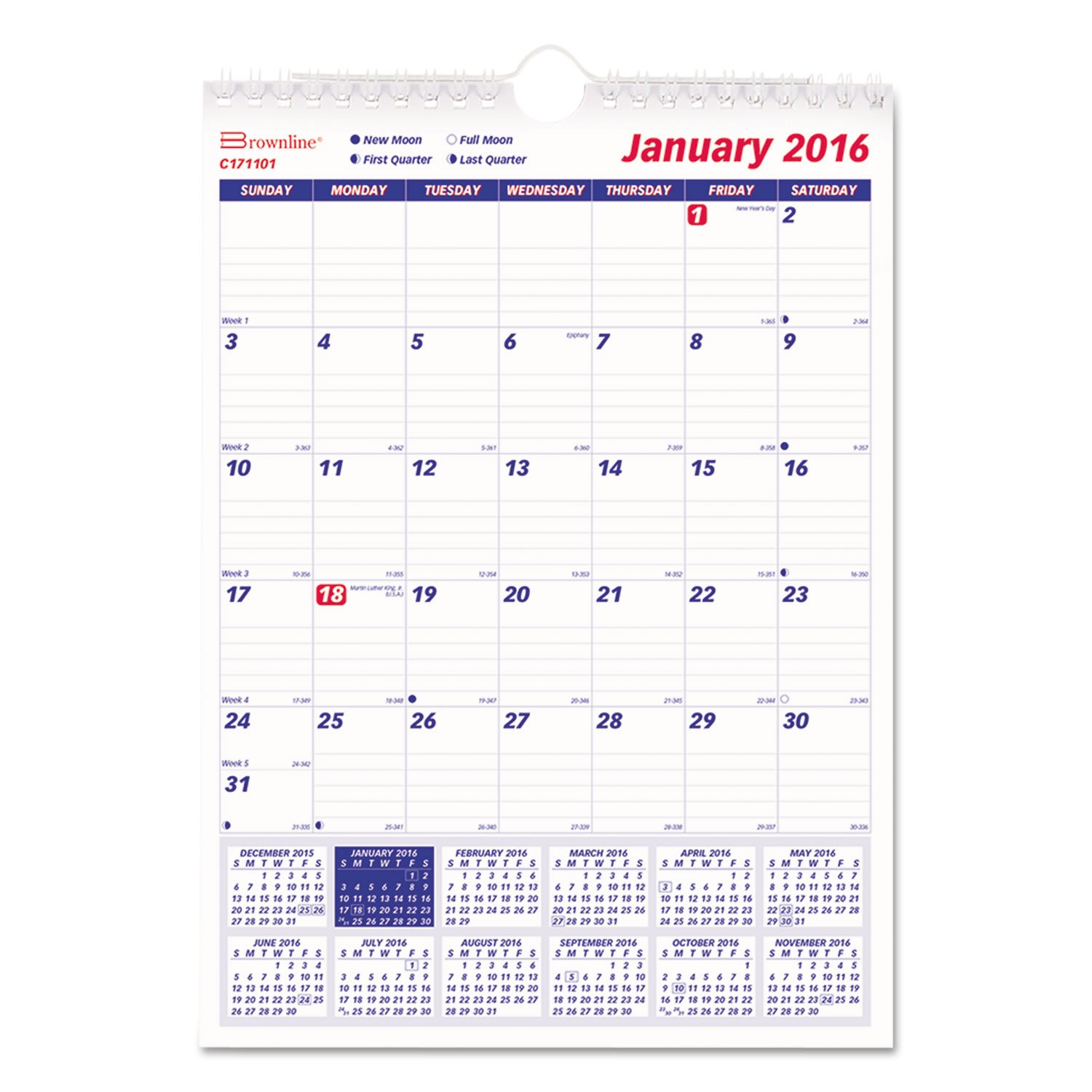 REDC171101 - 12-Month Twin Wirebound Wall Calendar | One Page Per Month | Perfect for Home, Office & School Organization