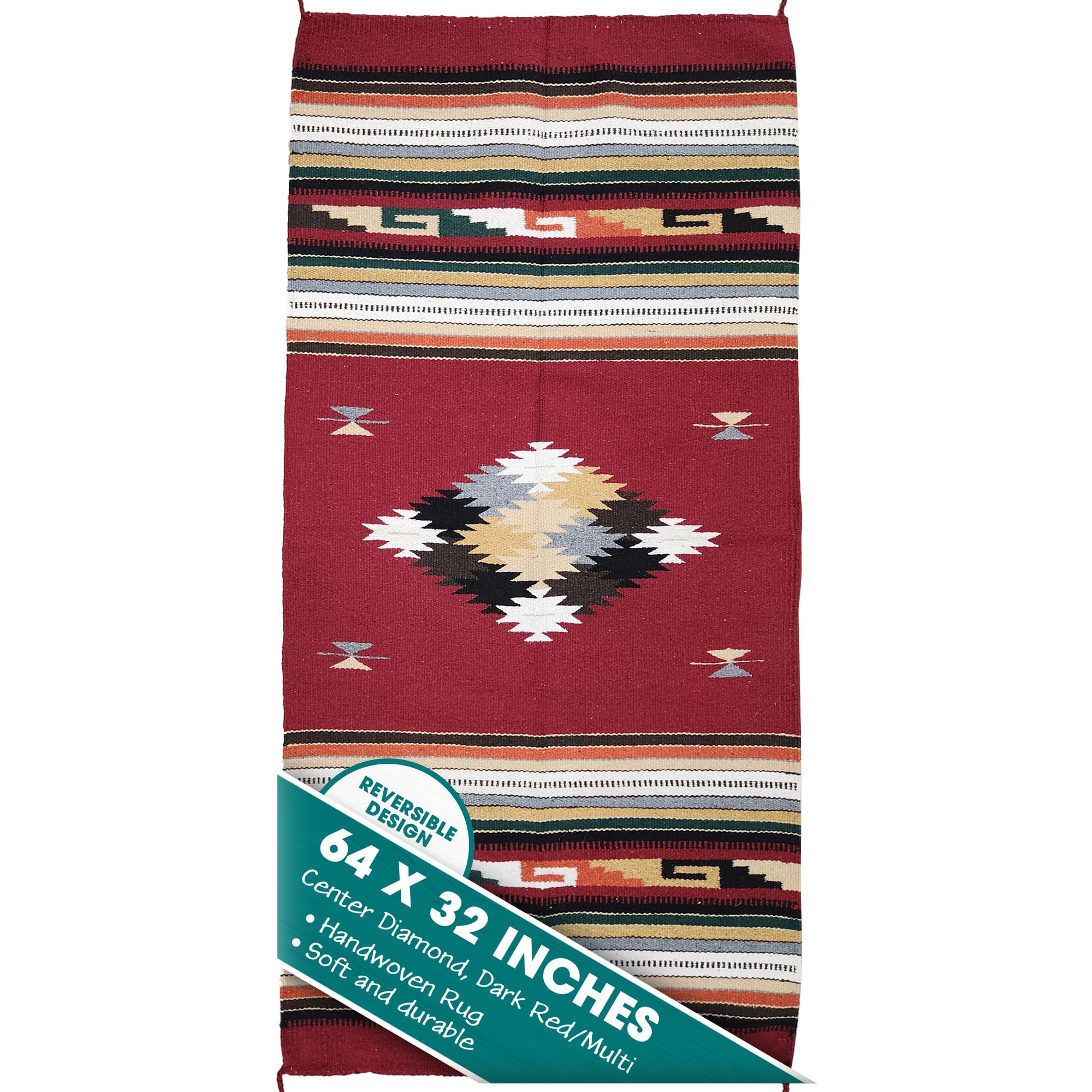 Southwest Boho Washable Area Rug - Indoor/Outdoor Farmhouse Decor Rug - Western Style for Living Room, Dining, Bedroom - Dark Red/Multi Diamond Pattern (32