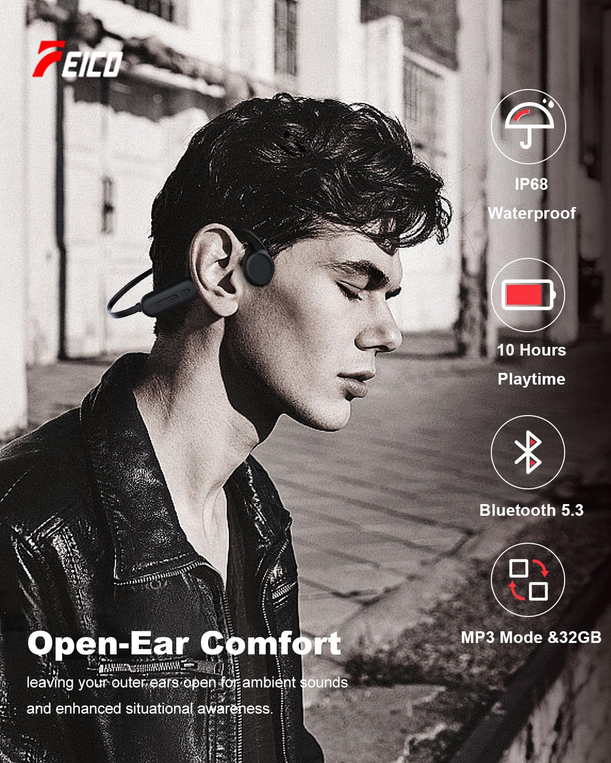 FEICO Bone Conduction Headphones - Bluetooth 5.3 Wireless Open-Ear Headset with Built-in Mic | 32GB MP3 Player & 10H Battery Life | IP68 Waterproof for Running, Cycling, Swimming | Perfect for Gym, Workouts & Outdoor Sports (Black)