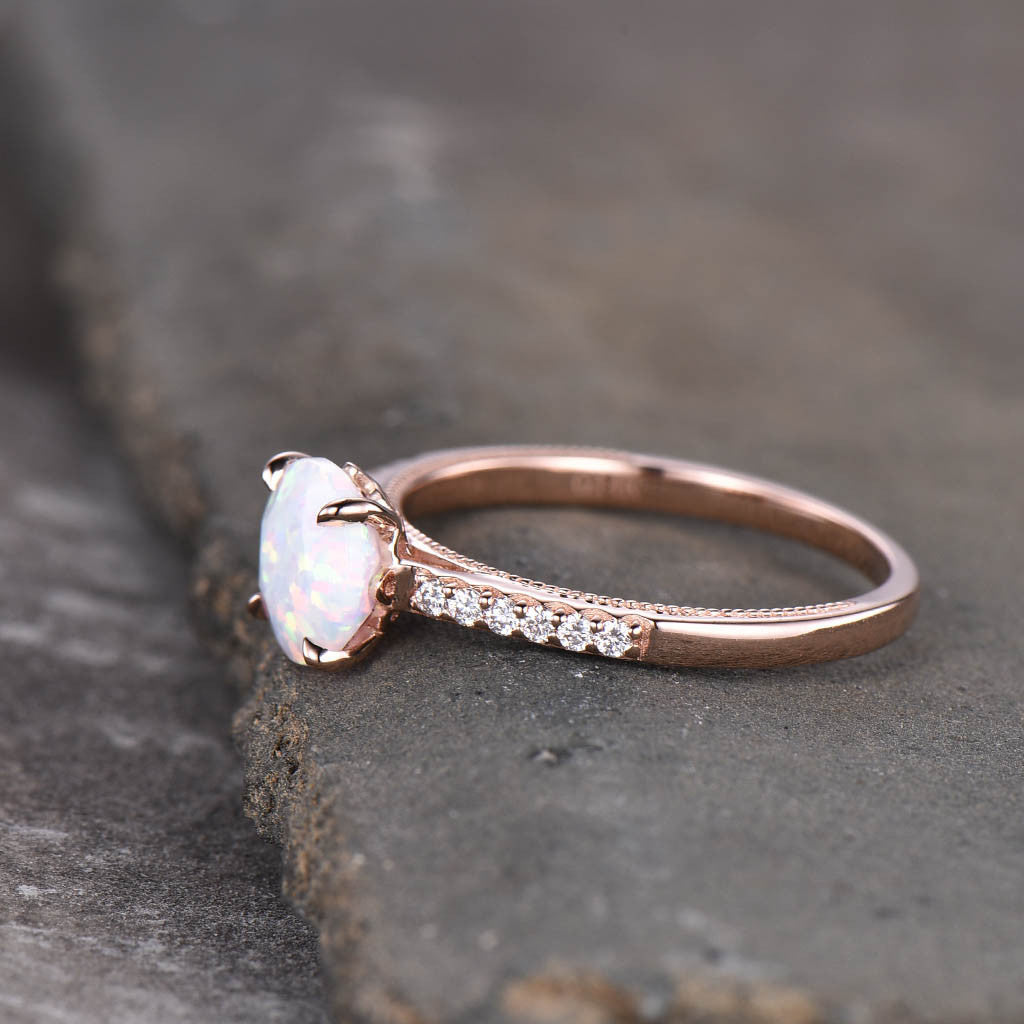 Opal Solitaire Engagement Ring for Women - 14K Rose Gold Wedding Band, Elegant Promise Ring for Her | Perfect for Proposals, Anniversaries & Special Occasions
