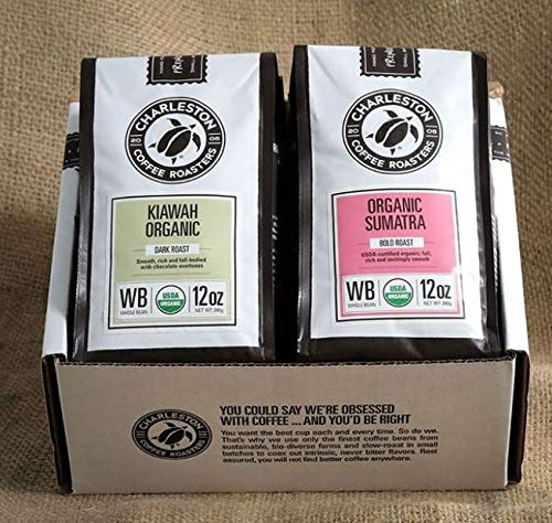 Charleston Coffee Roasters Organic Whole Bean Coffee - Premium Slow Roasted Dark Roast (Kiawah Blend) 12oz, 6 Pack | Specialty Hand-Picked Beans for Home Brewing, Office & Gifts