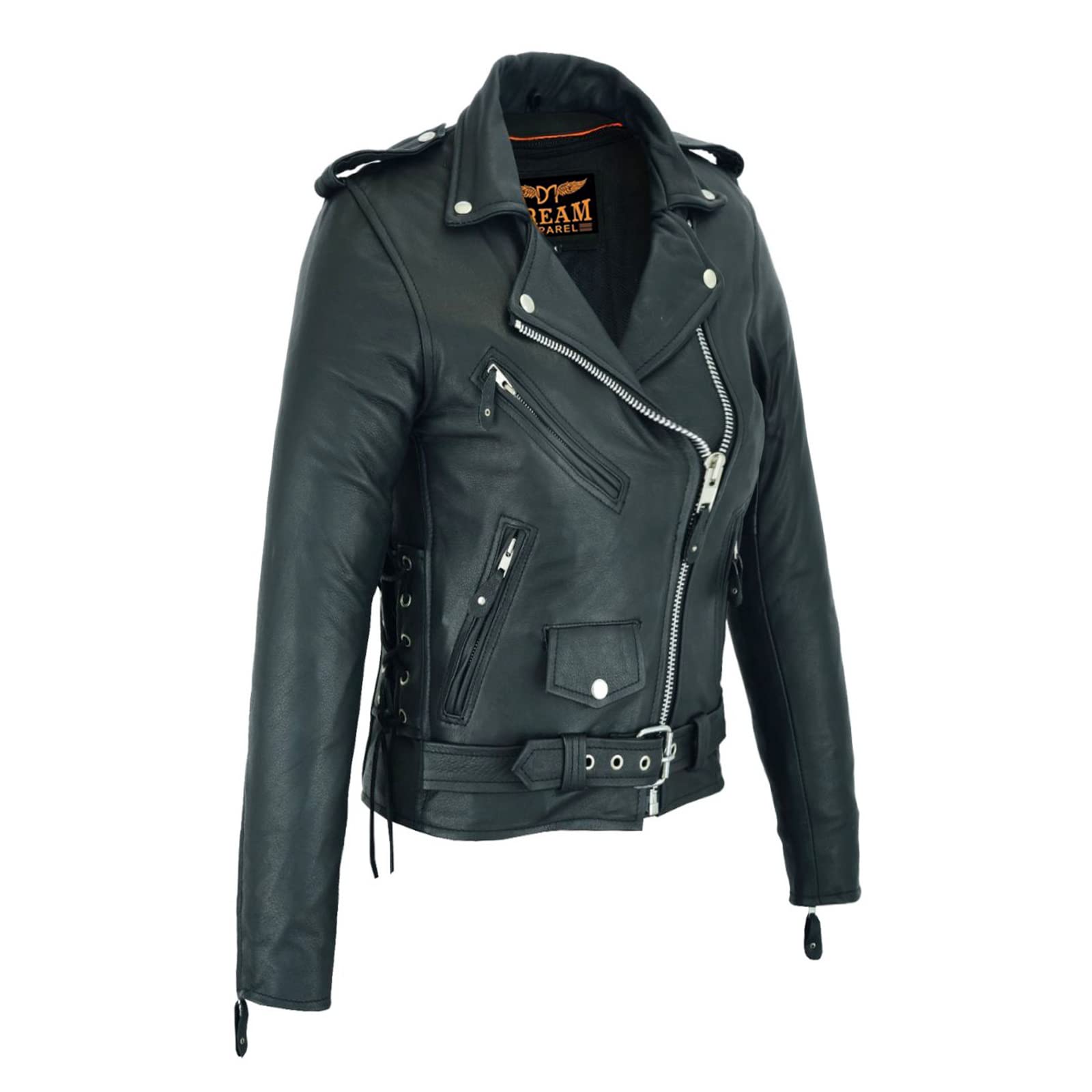 Dream Apparel Women’s Classic Black Leather Motorcycle Jacket - Zip Out Lining & Adjustable Side Laces - Stylish Biker Jacket for Riding, Night Out & Casual Wear