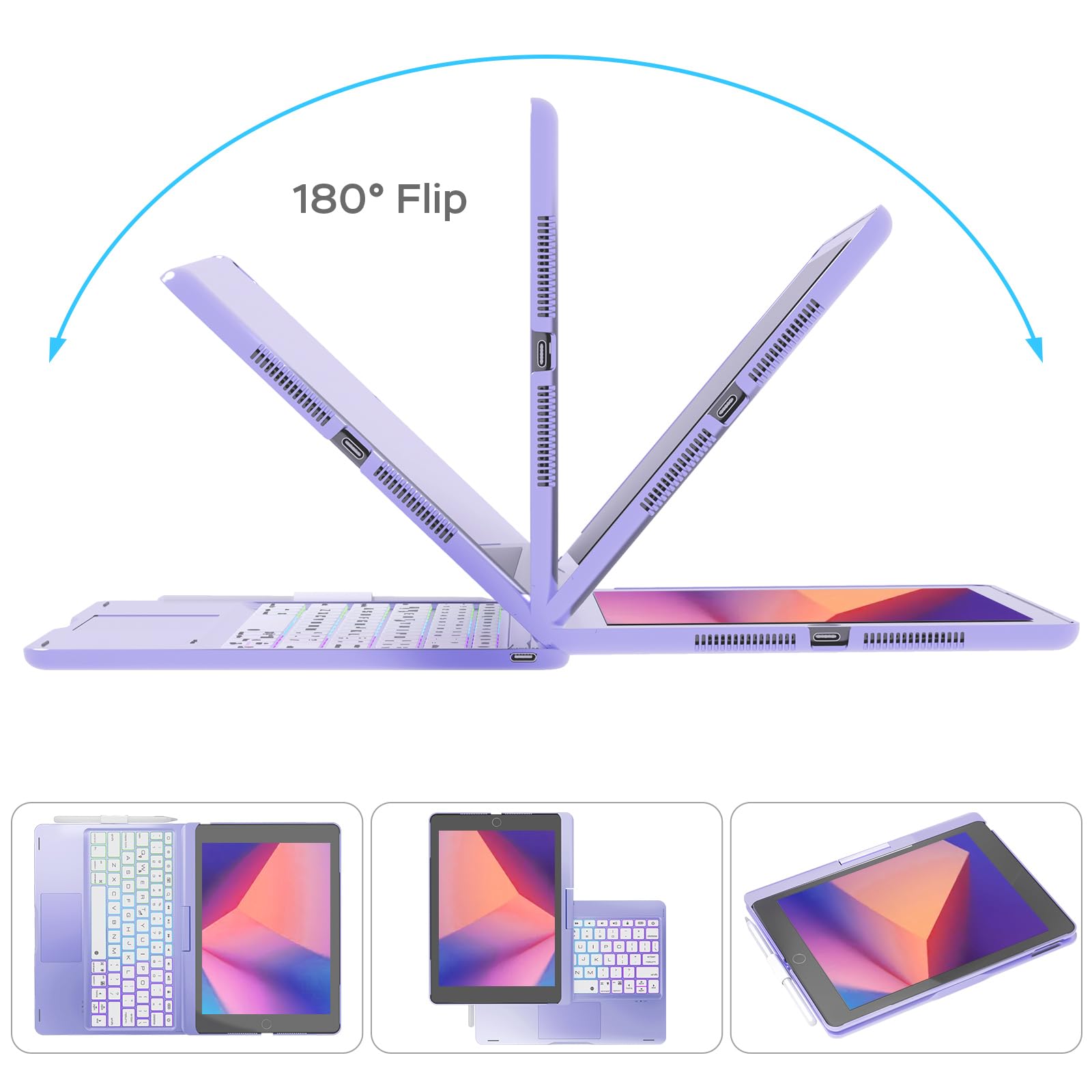 NOKBABO iPad 9th/8th/7th Generation Case with Bluetooth Keyboard - 360° Rotatable Stand, 7-Color Backlit Touchpad & Apple Pencil Holder | Compatible with iPad 10.2 inch & iPad Air 3rd Gen/iPad Pro 10.5 inch | Metallic Purple | Perfect for Work, Study & Entertainment