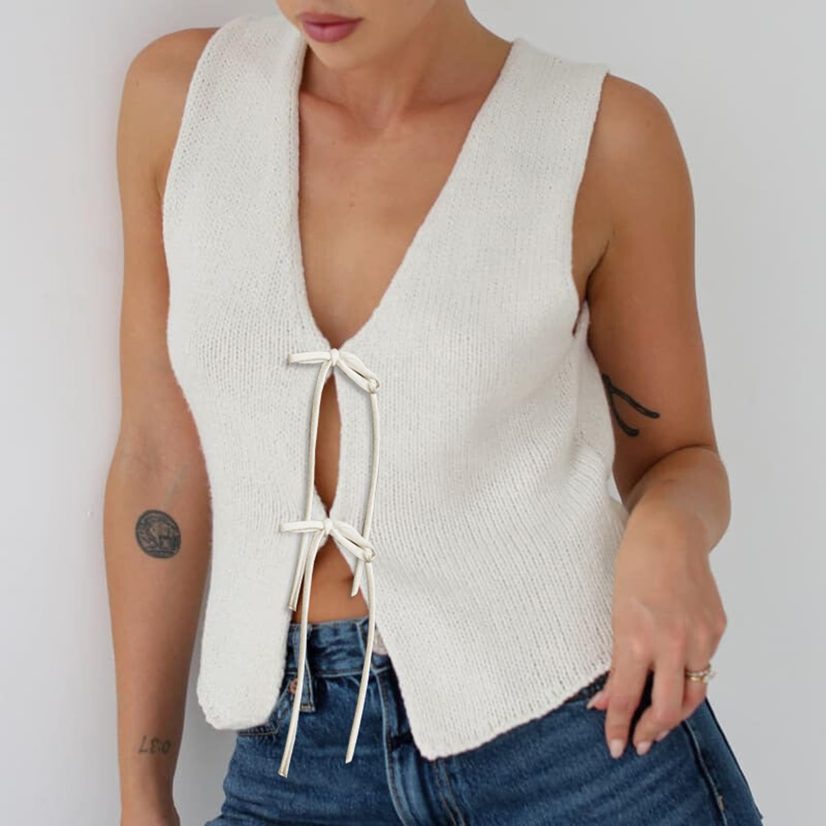 Women's Crochet Knit Vest Top - Y2K Tie Front V-Neck Sleeveless Shirt for Summer | Cute Streetwear Outfits for Going Out, Beach, Music Festivals & Casual Wear