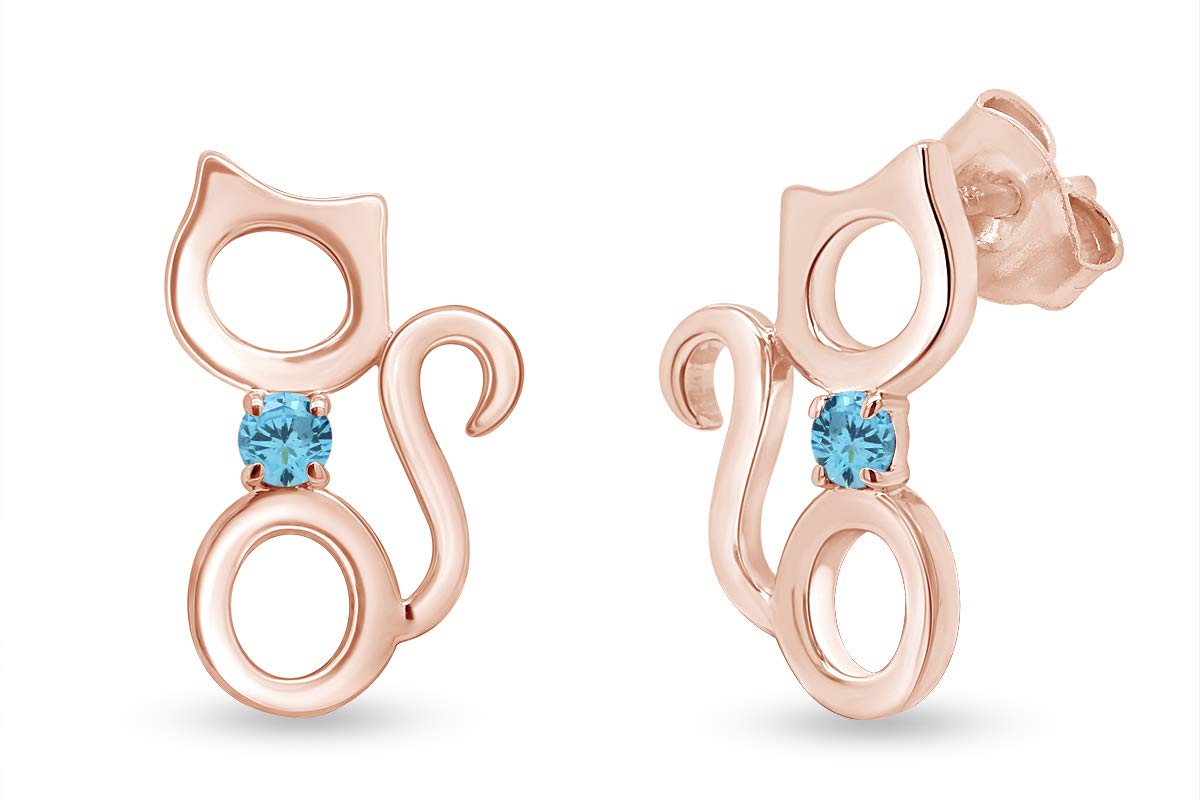 Round Cut Simulated Birthstone Cat Stud Earrings for Women - 14k Gold Plated Sterling Silver Push Back Closure - Perfect for Birthdays, Gifts & Everyday Wear