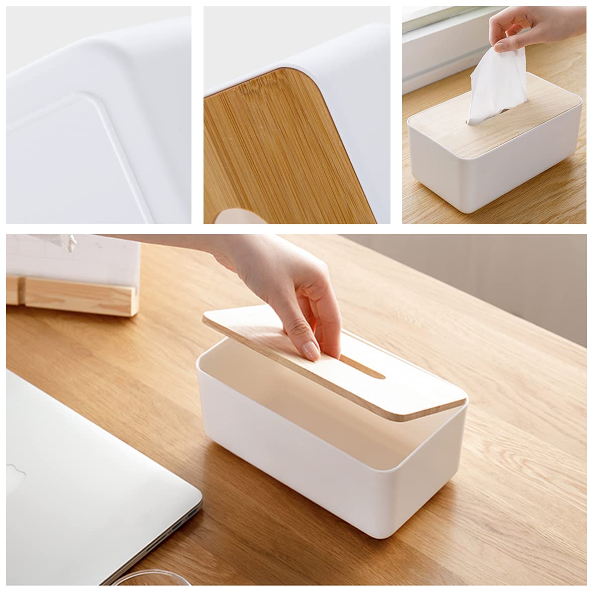 2 Pack Bamboo Tissue Box Holder - Rectangular & Round Wooden Tissue Box Cover for Facial Tissues & Napkins | Bathroom, Kitchen, Office Organizer | Durable & Stylish Home Decor Accessory for Living Room, Bedroom, and Desk