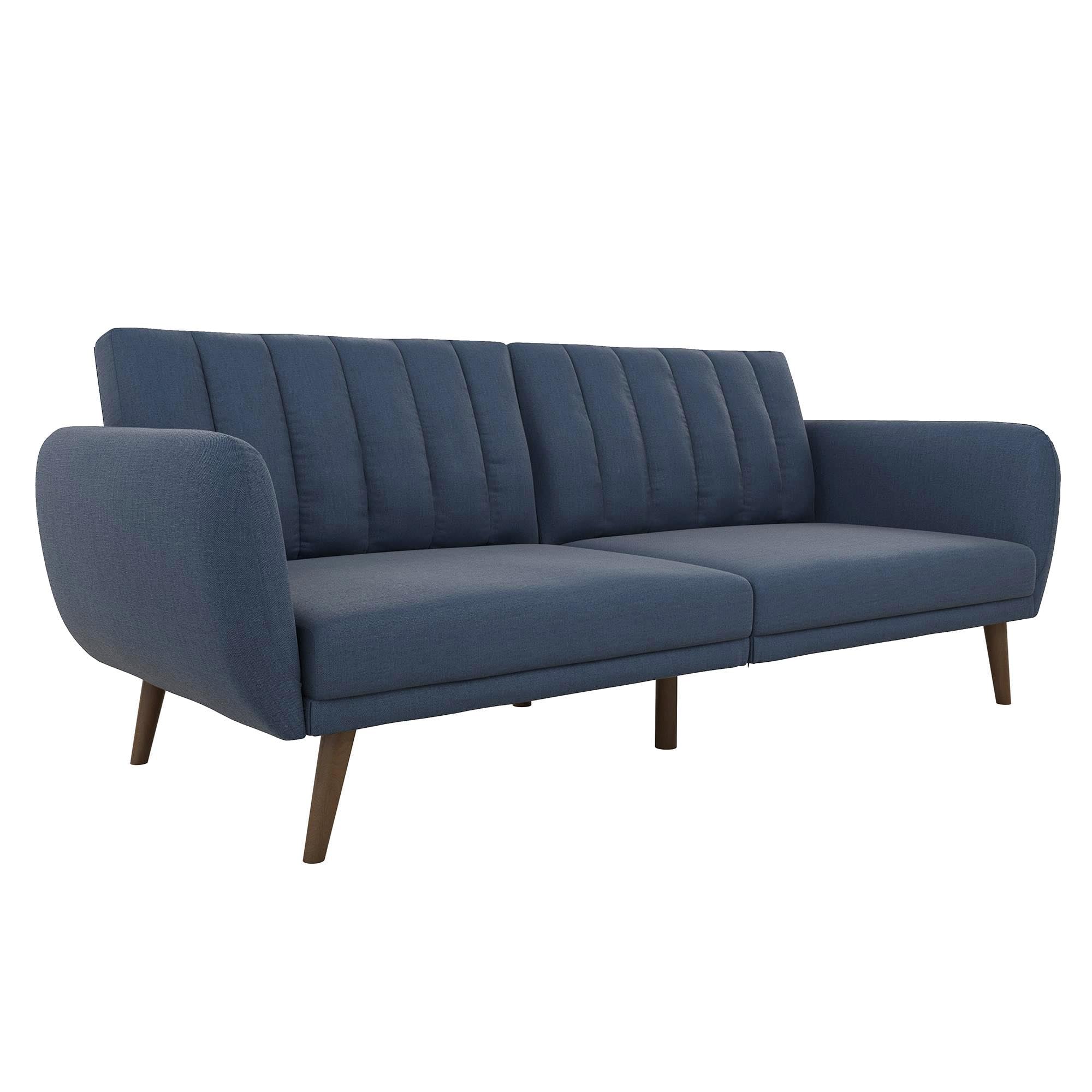 Novogratz Brittany Sofa Futon - Premium Linen Upholstery with Wooden Legs in Blue | Convertible Sleeper Sofa for Small Spaces, Living Room & Guest Room