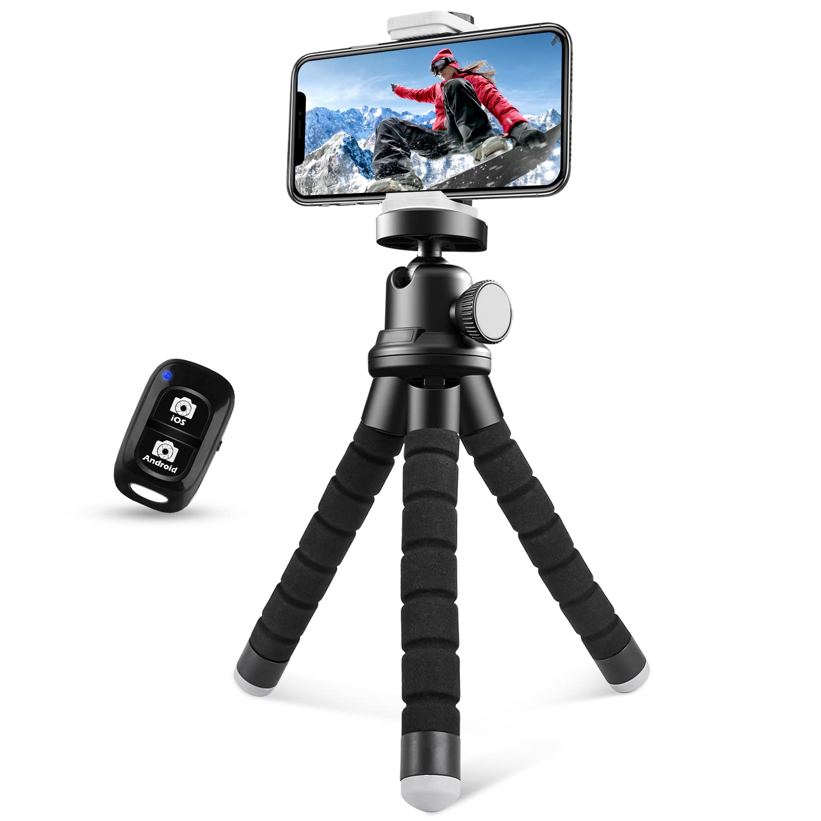 Flexible Phone Tripod Stand with Wireless Remote & Universal Phone Holder - Portable Mini Travel Tripod for iPhone, Android, Cameras - Perfect for Vlogging, Selfies, Live Streaming & Outdoor Photography